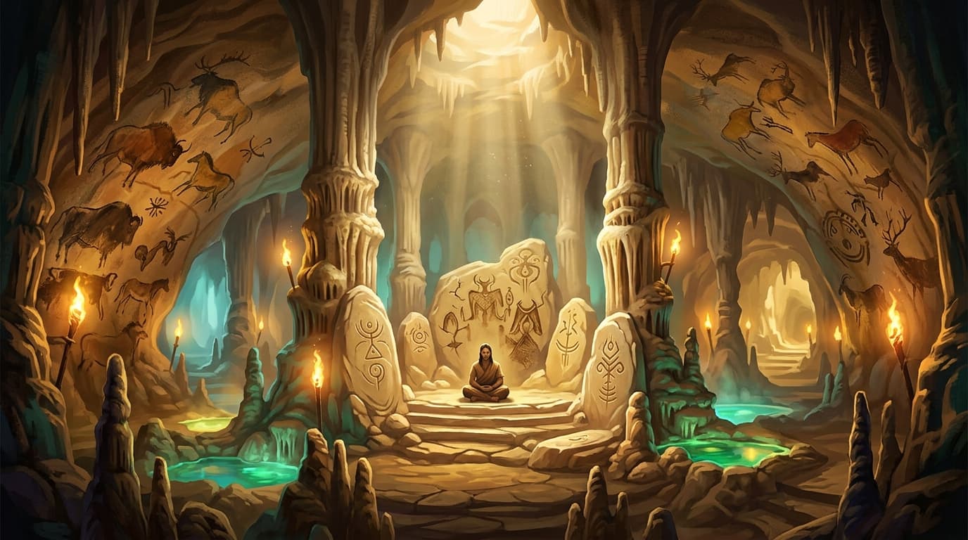 A vast ancient cave interior glowing with warm amber torchlight, towering limestone formations rising like cathedral columns, a lone meditating figure seated cross-legged on a stone platform at the center, intricate prehistoric paintings of animals covering the curved cave walls in ochre and charcoal, soft golden light filtering through a narrow opening in the ceiling casting radiant beams into the misty underground air, luminous turquoise moss and emerald mineral pools reflecting the warm glow, monumental stalactites hanging overhead, sacred symbols etched into smooth stone, a profound sense of timeless stillness and ancient human presence