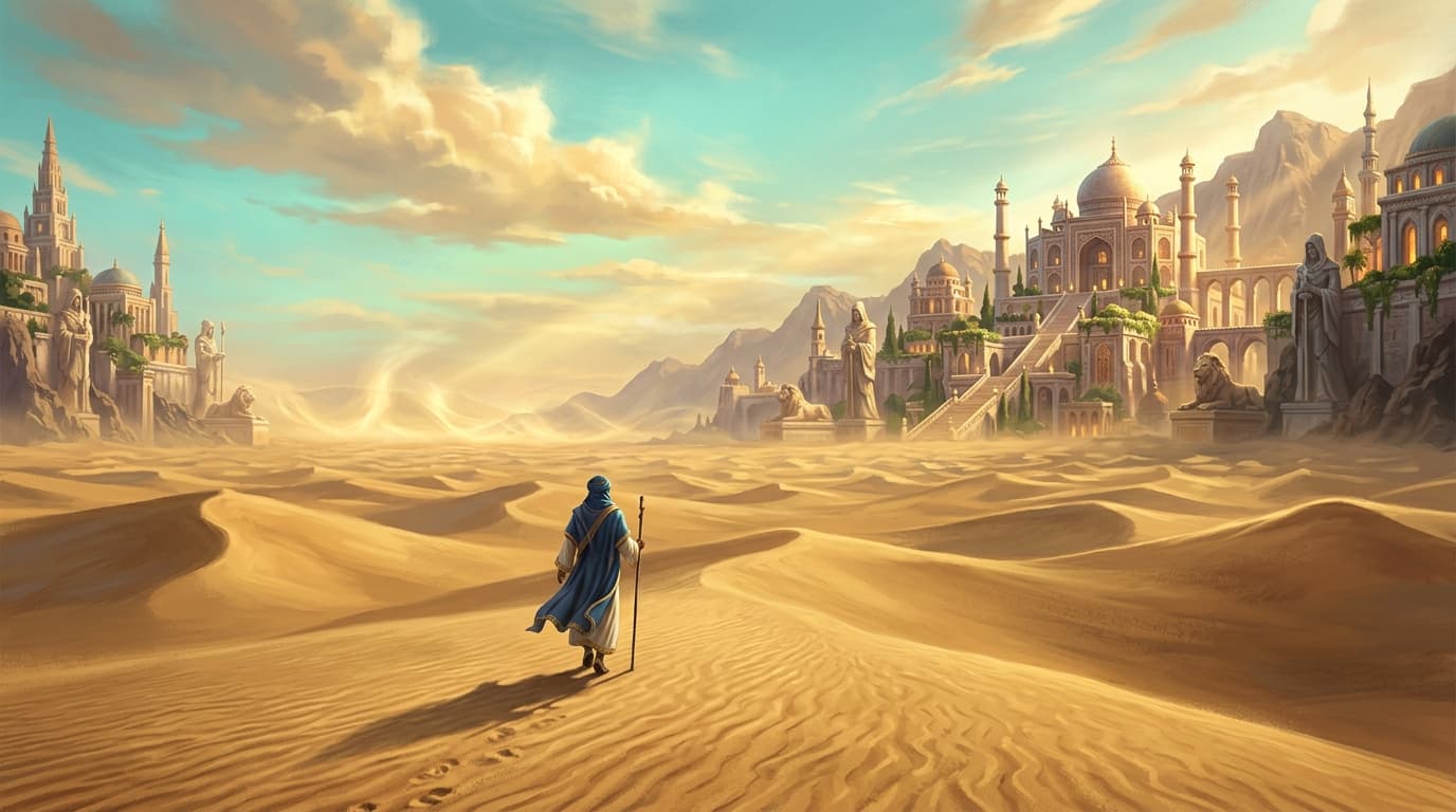 A lone figure in flowing robes walking across endless golden sand dunes under a luminous turquoise sky, distant heat shimmer creating ethereal waves above the horizon, warm sunlight casting long shadows, minimal vegetation, vast open emptiness stretching to infinity, sense of solitude and profound peace, soft volumetric lighting, golden hour atmosphere