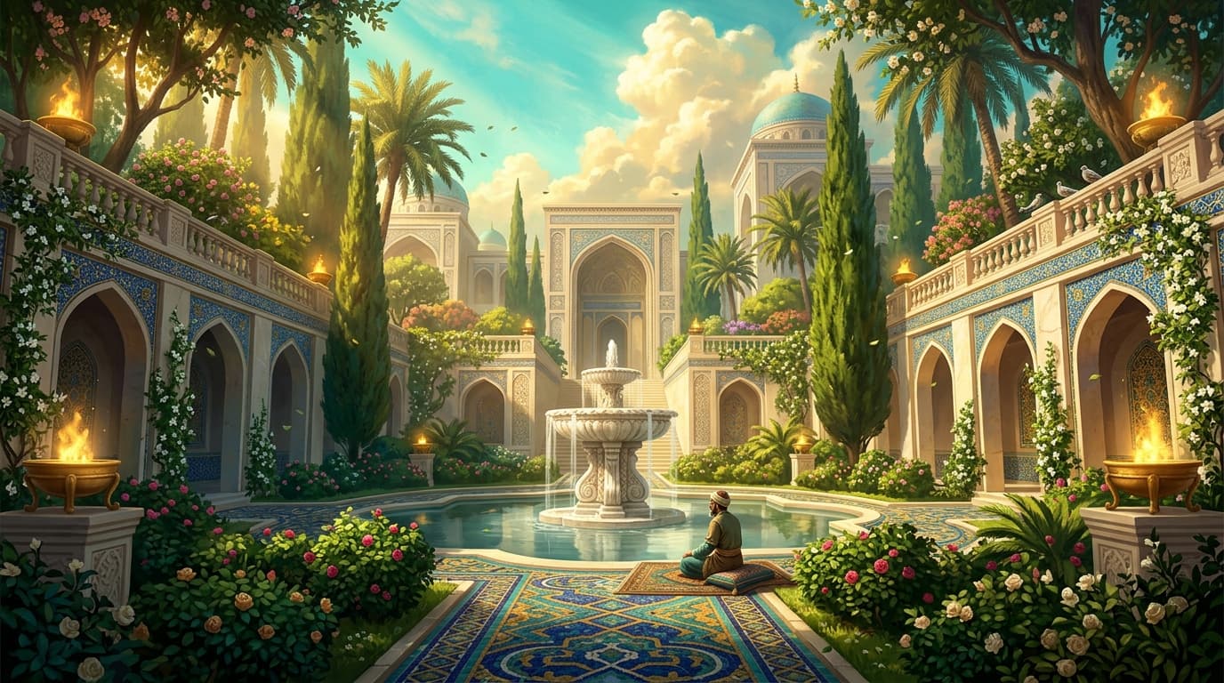 A breathtaking enclosed Persian paradise garden at golden hour, with a central marble fountain surrounded by lush emerald rose bushes, towering cypress trees, ornate tiled pathways of sapphire and gold mosaic, fragrant jasmine climbing ivory stone walls, warm amber sunlight filtering through the canopy onto a still reflective pool, luminous turquoise sky above, birds resting on carved stone balustrades, a gentle breeze stirring the leaves, the garden enclosed by elegant arched walls with golden braziers glowing softly at each corner, a lone figure seated in peaceful contemplation near the fountain, monumental scale, rich jewel-toned palette, immersive depth