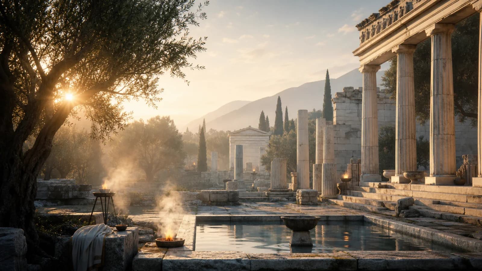 Ancient Greek sanctuary at dawn with marble columns, lustral water basin, incense smoke, and torchlight