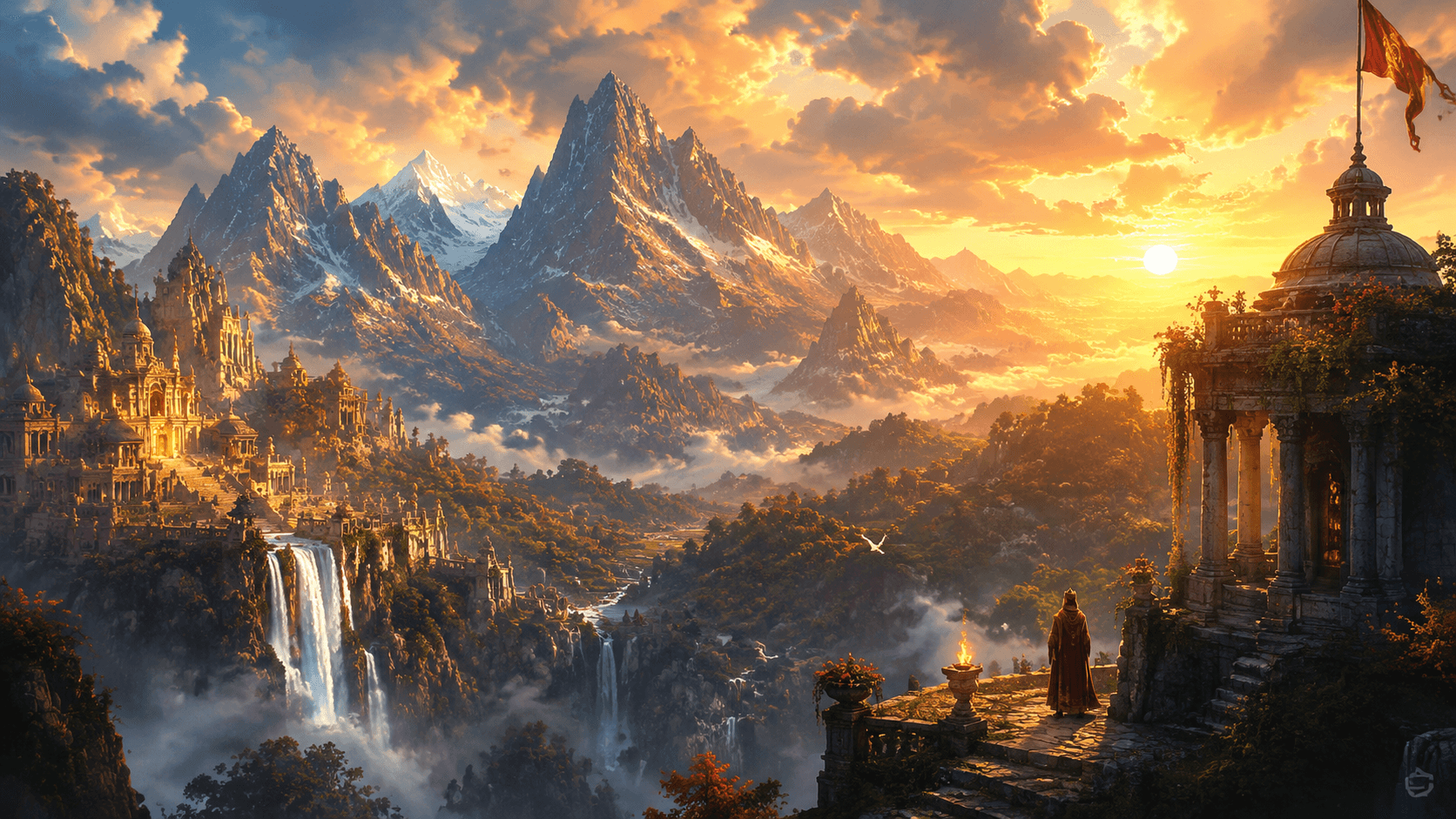 Dramatic mountain landscape at sunrise evoking the natural settings that inspired ancient mythological stories