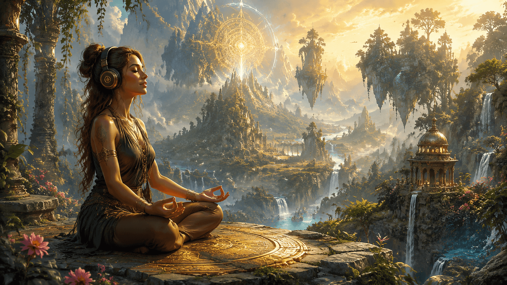 Person experiencing spatial audio meditation with headphones in a peaceful, immersive environment