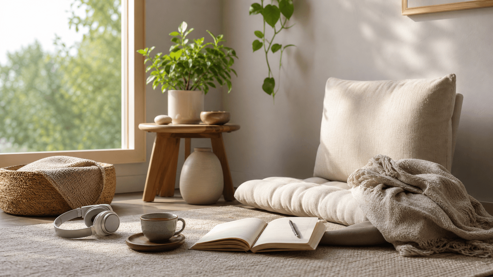 Peaceful home meditation corner with headphones, a journal, and comfortable seating in soft morning light
