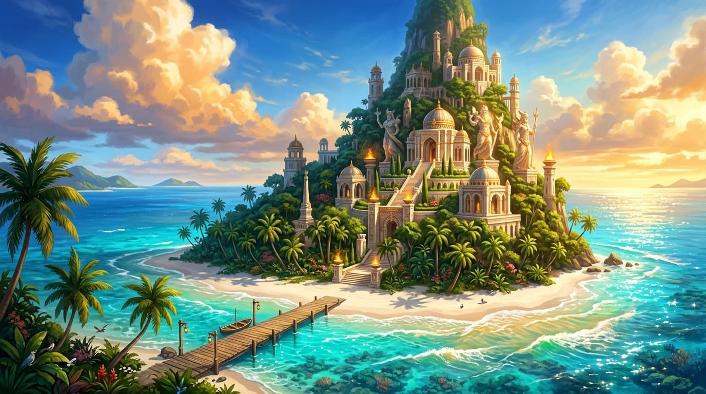 A lush tropical island rising from a vast luminous turquoise ocean, palm trees swaying in a warm golden breeze, a lone wooden dock stretching into crystalline water, radiant golden hour light pouring across white sand shores, majestic glowing clouds filling a sapphire sky, soft waves catching the sun in flashes of amber and emerald, aerial perspective showing the island completely surrounded by shimmering water, vibrant and serene atmosphere