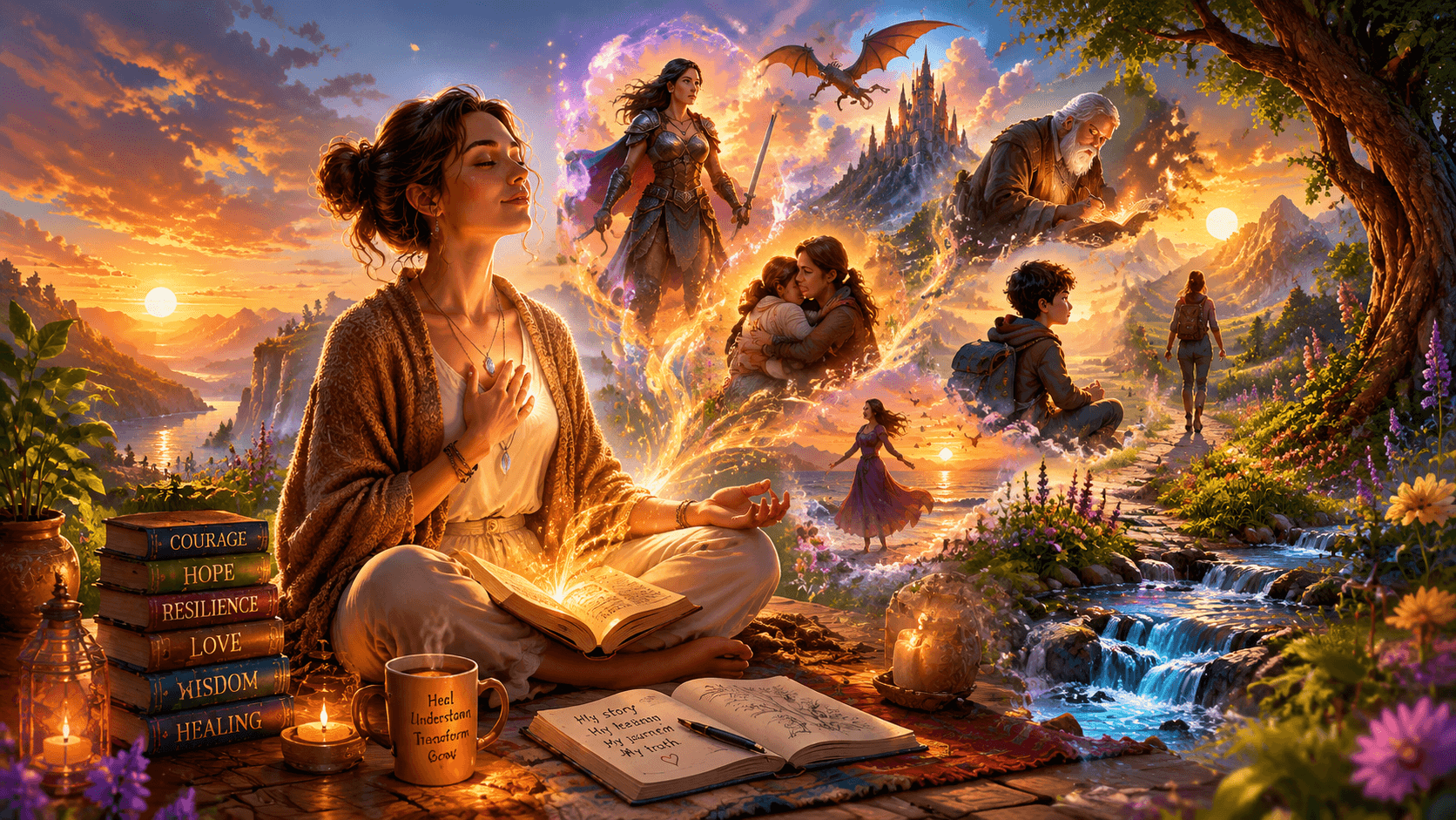 Peaceful meditation scene representing emotional healing through narrative experiences