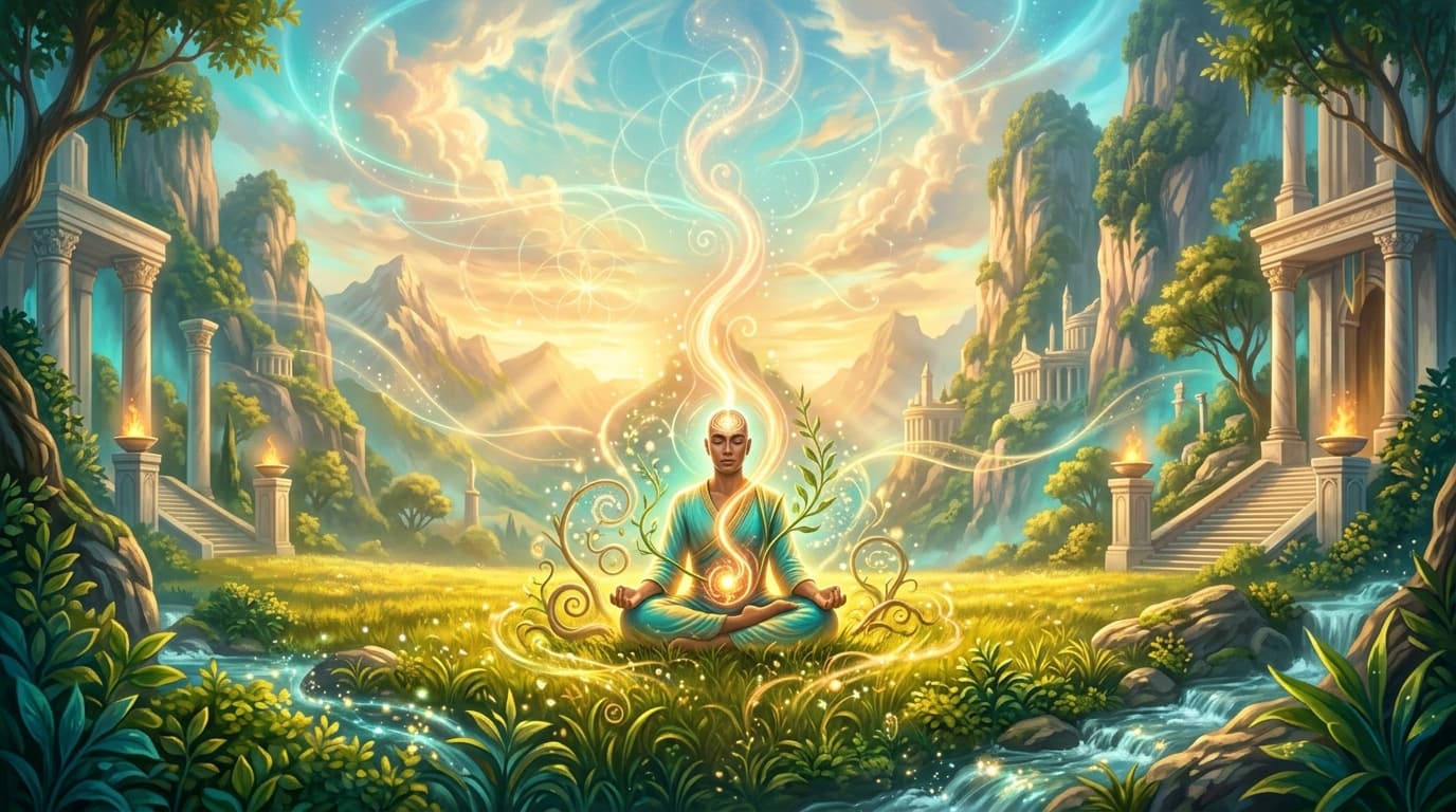 A serene human figure seated in lotus position at the center of a luminous golden meadow, surrounded by softly glowing botanical forms and gentle streams of warm light flowing upward through the body from earth to sky, representing the gut-brain connection, radiant turquoise and amber atmosphere, sacred geometry patterns softly traced in the air, lush green foliage in the foreground, majestic glowing clouds above, cinematic painterly illustration, epic sense of inner scale, 9:16 vertical artwork