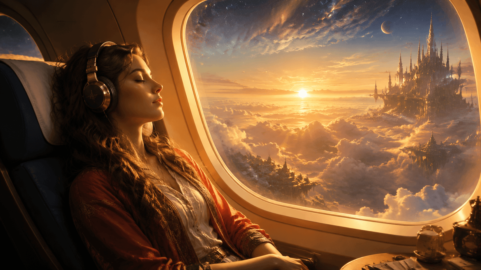 A lone passenger seated by a wide oval airplane window at cruising altitude, soft golden light pouring through the glass and illuminating drifting clouds below, the cabin bathed in a warm amber glow, headphones resting gently over their ears, eyes closed in serene stillness, stars beginning to appear on the horizon, epic cinematic digital art, hyper-detailed, exceptionally crisp and sharp focus, luminous volumetric lighting, highly vibrant and colorful palette, radiant sunlight, mythic fantasy atmosphere, Unreal Engine 5 render, concept art for epic magical world, 8k ultra detailed, 16:9