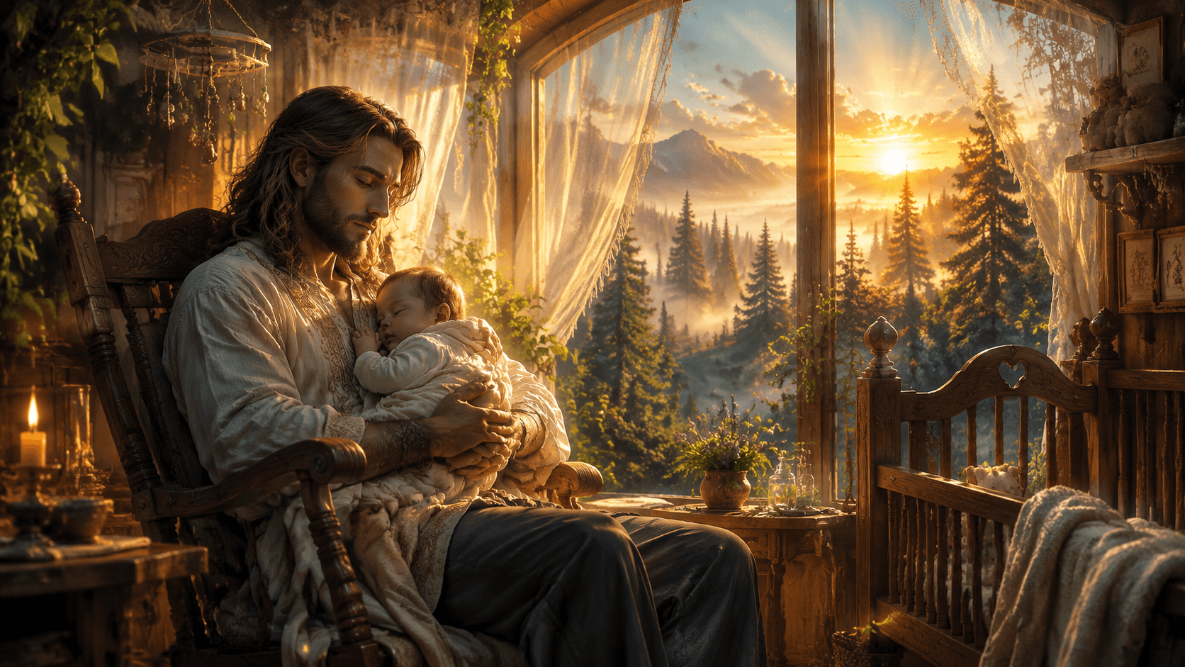 A serene new parent sitting in a softly lit nursery at golden hour, eyes gently closed, holding a sleeping infant, surrounded by warm light filtering through sheer curtains, with a misty forest visible through the window, radiating peaceful stillness and quiet wonder, epic cinematic digital art, hyper-detailed, exceptionally crisp and sharp focus, luminous volumetric lighting, highly vibrant and colorful palette, radiant sunlight, mythic fantasy atmosphere, Unreal Engine 5 render, concept art for epic magical world, 8k ultra detailed, 16:9