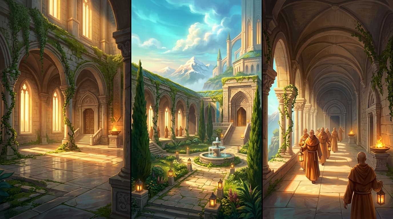 A grand ancient monastery perched on a misty mountain ridge at golden hour, with stone cloisters, arched colonnades draped in climbing vines, a central garden courtyard with a stone fountain, warm amber sunlight filtering through tall narrow windows onto polished flagstone floors, distant snow-capped peaks glowing in luminous turquoise sky, soft volumetric light rays, monks in flowing robes walking in silent procession, tall cypress trees flanking the entrance, ornate carved stone doorways, glowing lanterns along the path, rich emerald moss on ancient walls, majestic and serene atmosphere