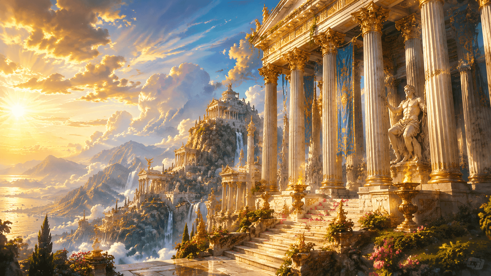 Ancient Greek temple columns evoking the grandeur of Zeus and Olympian mythology