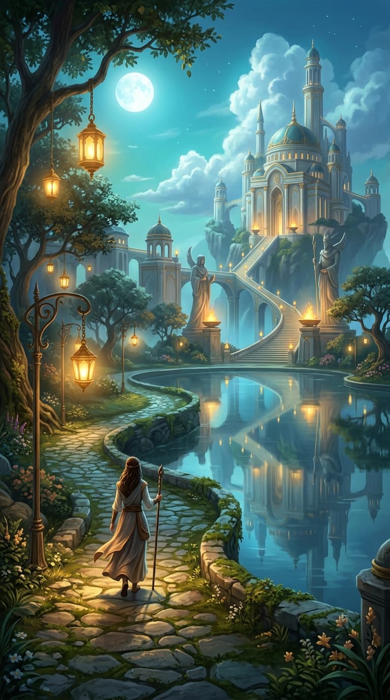 A traveler drifting through a moonlit mythic garden at dusk, gentle golden lantern light along a stone path, a distant celestial palace glowing softly above quiet trees, calm still water reflecting the night sky