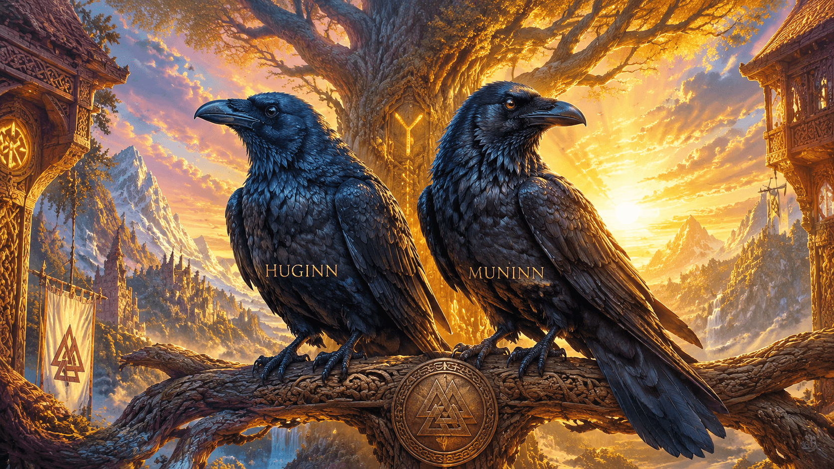 Odin's ravens Huginn and Muninn symbolizing wisdom and knowledge in Norse mythology