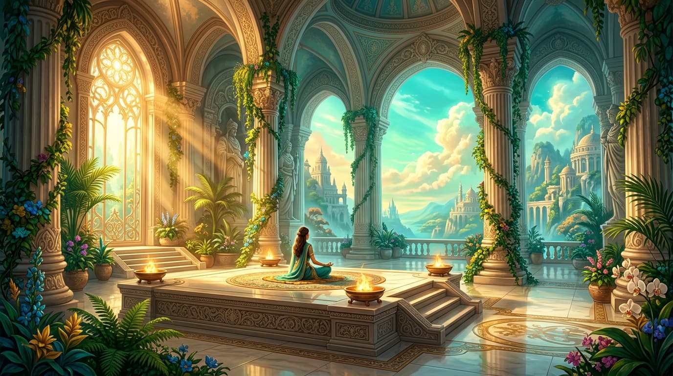A luminous healing sanctuary interior with soaring marble columns wrapped in cascading vines, warm golden rays pouring through arched windows onto a lone meditating figure seated on an ornate stone platform, surrounded by softly glowing braziers, lush tropical plants, and radiant turquoise skies visible through open archways, an atmosphere of profound calm and inner restoration, majestic scale with intricate carved stonework and ivory marble floors