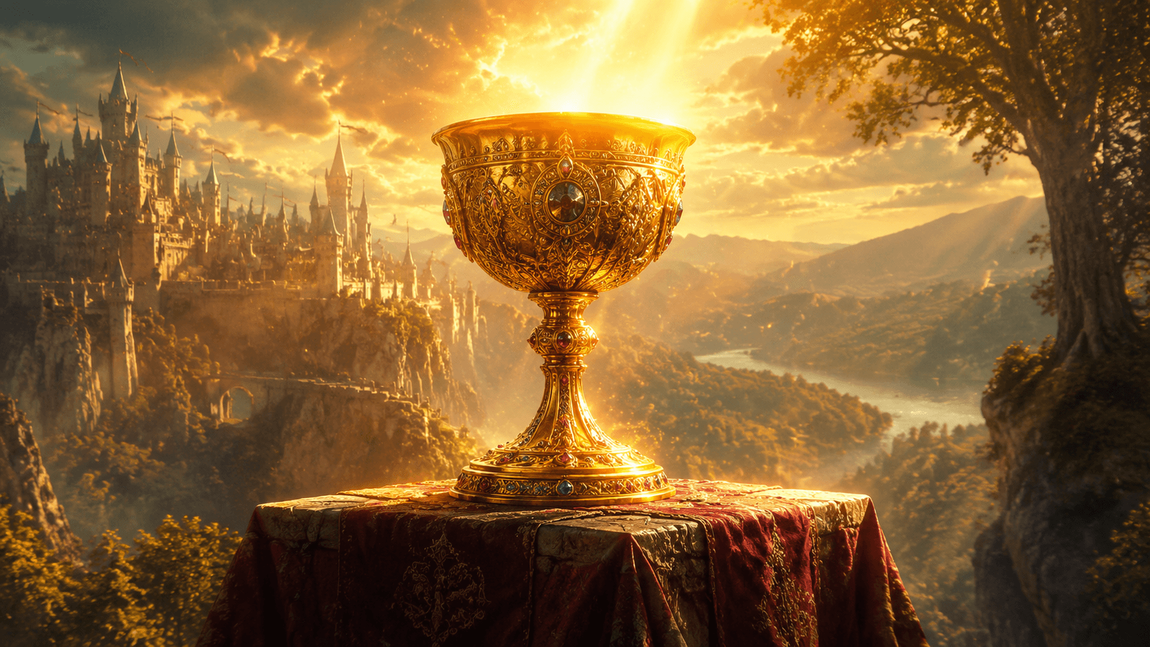 A golden chalice symbolizing the legendary Holy Grail, the sacred object at the heart of Arthurian legend and medieval quest literature