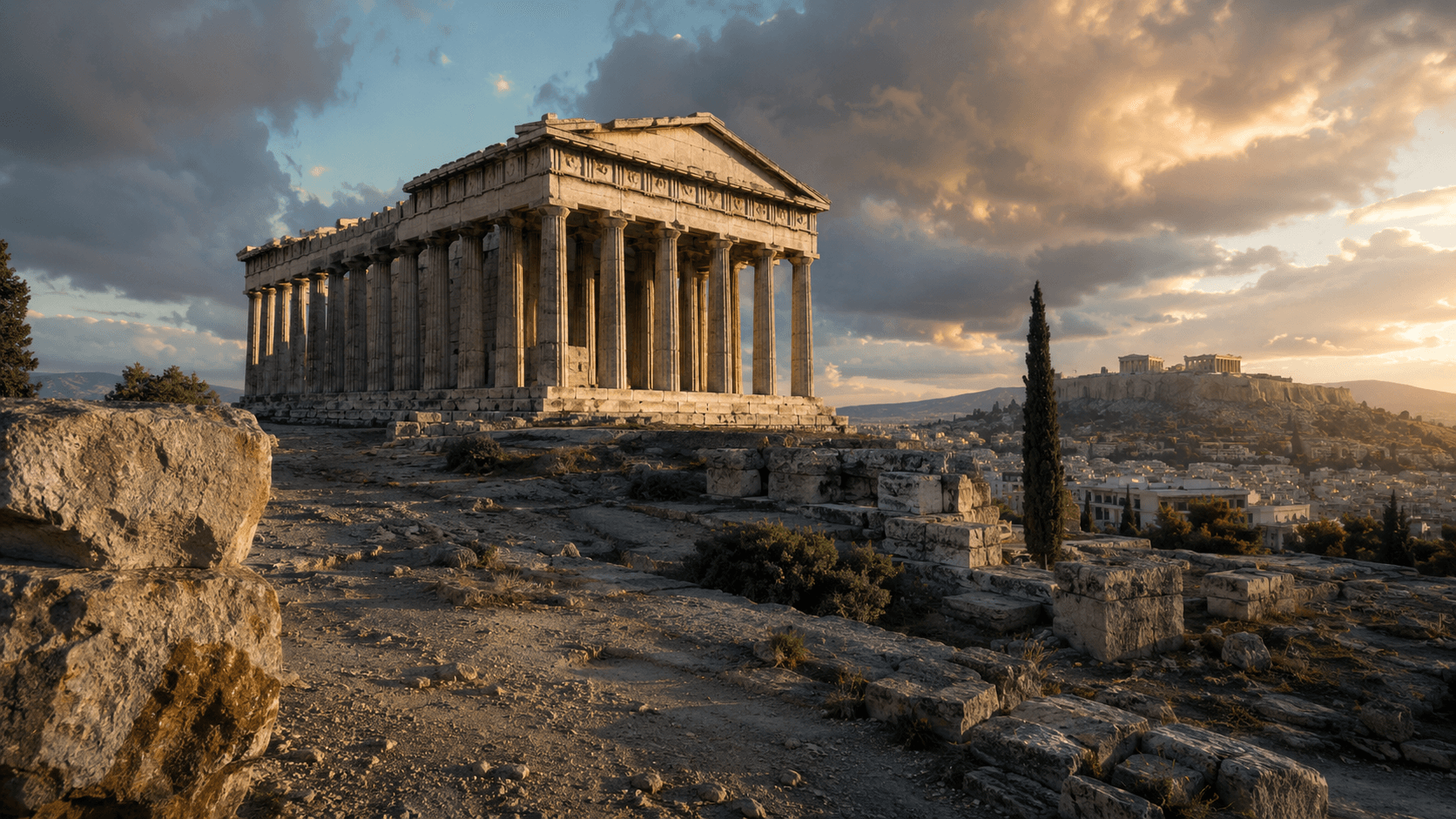 Panoramic aerial reconstruction of ancient Rome at golden hour, the Colosseum and Forum Romanum gleaming under warm amber light, marble temples casting long dramatic shadows across cobblestone streets filled with togas and market stalls, volumetric haze rising from the Tiber River, lush cypress trees lining the Appian Way, 8k resolution hyper-realistic render, wide cinematic shot on 35mm lens, Unreal Engine 5 rendering, National Geographic documentary reconstruction style, cinematic concept art atmosphere