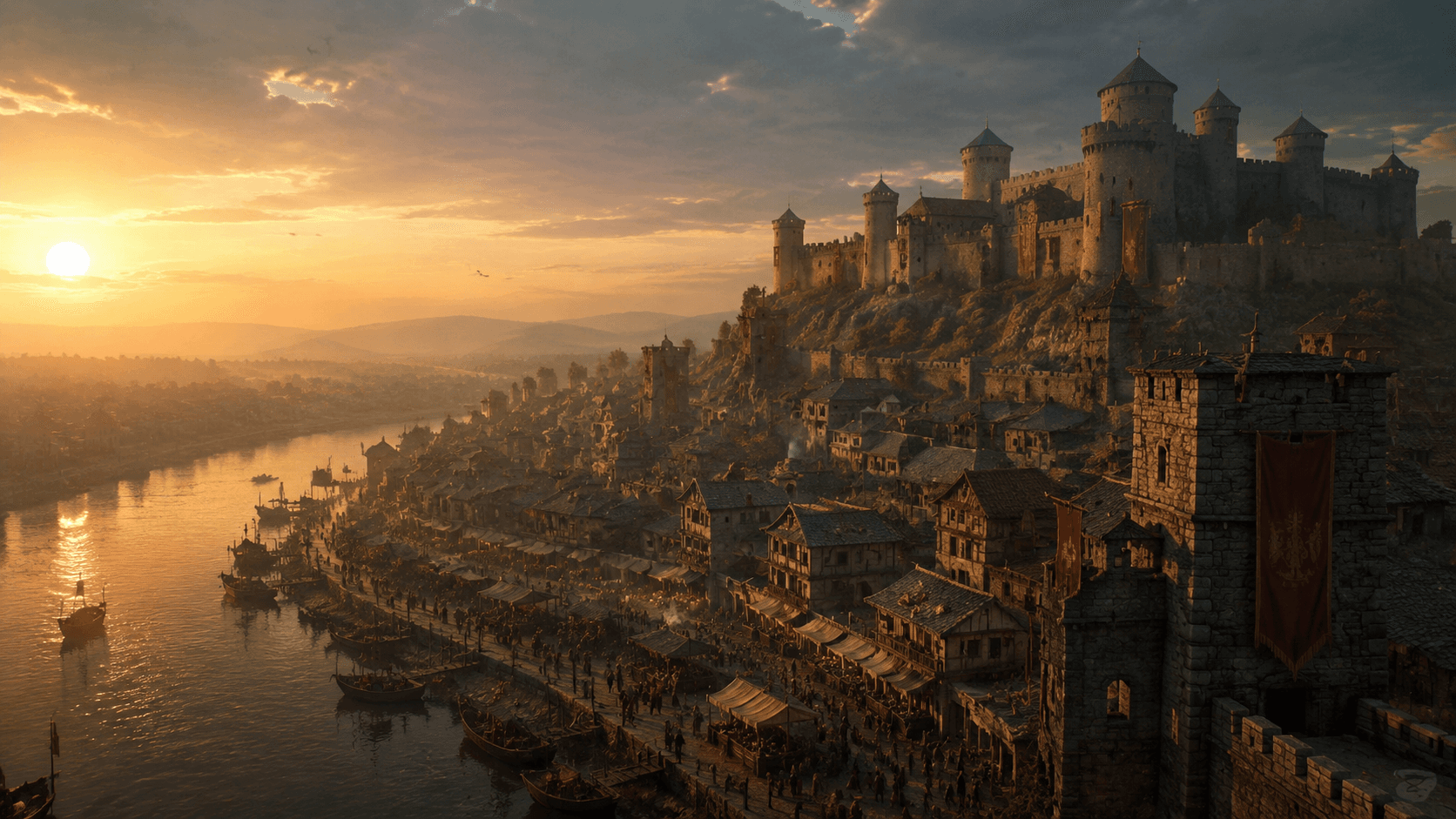 Ancient Rome's Forum illuminated by golden hour sunlight, marble columns and arches rising majestically above bustling streets, Mediterranean architecture rendered in intricate detail, volumetric atmospheric haze casting dramatic shadows across stone facades, 8k resolution, photorealistic, cinematic wide-angle aerial perspective, National Geographic documentary style, historical reconstruction, Unreal Engine 5 render, shot on 35mm lens