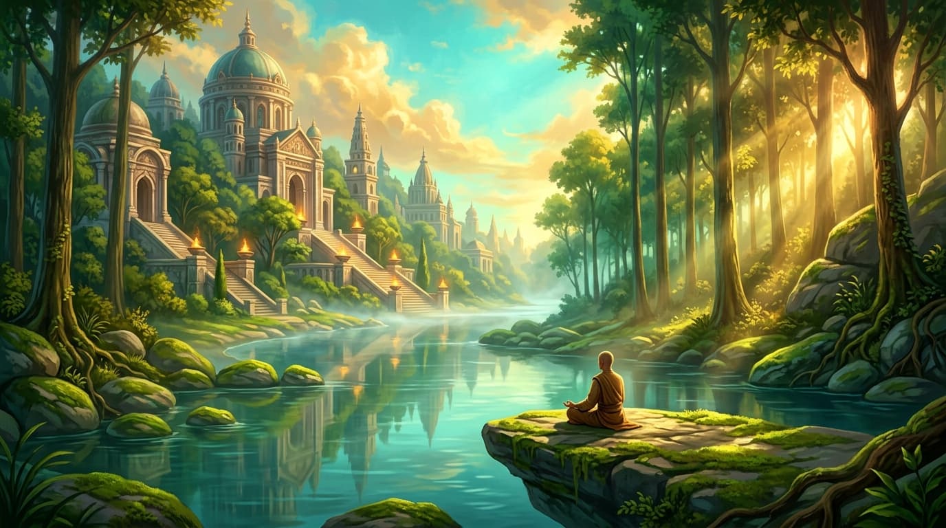 A serene ancient river winding through a lush valley at golden hour, with smooth mossy stones along the banks, tall emerald trees reflected in the glassy turquoise water, soft mist rising from the surface, warm amber sunlight streaming through the canopy, a lone meditating figure seated peacefully on a large flat rock above the current, luminous sky filled with soft glowing clouds, vibrant greens and golds, majestic and deeply tranquil atmosphere