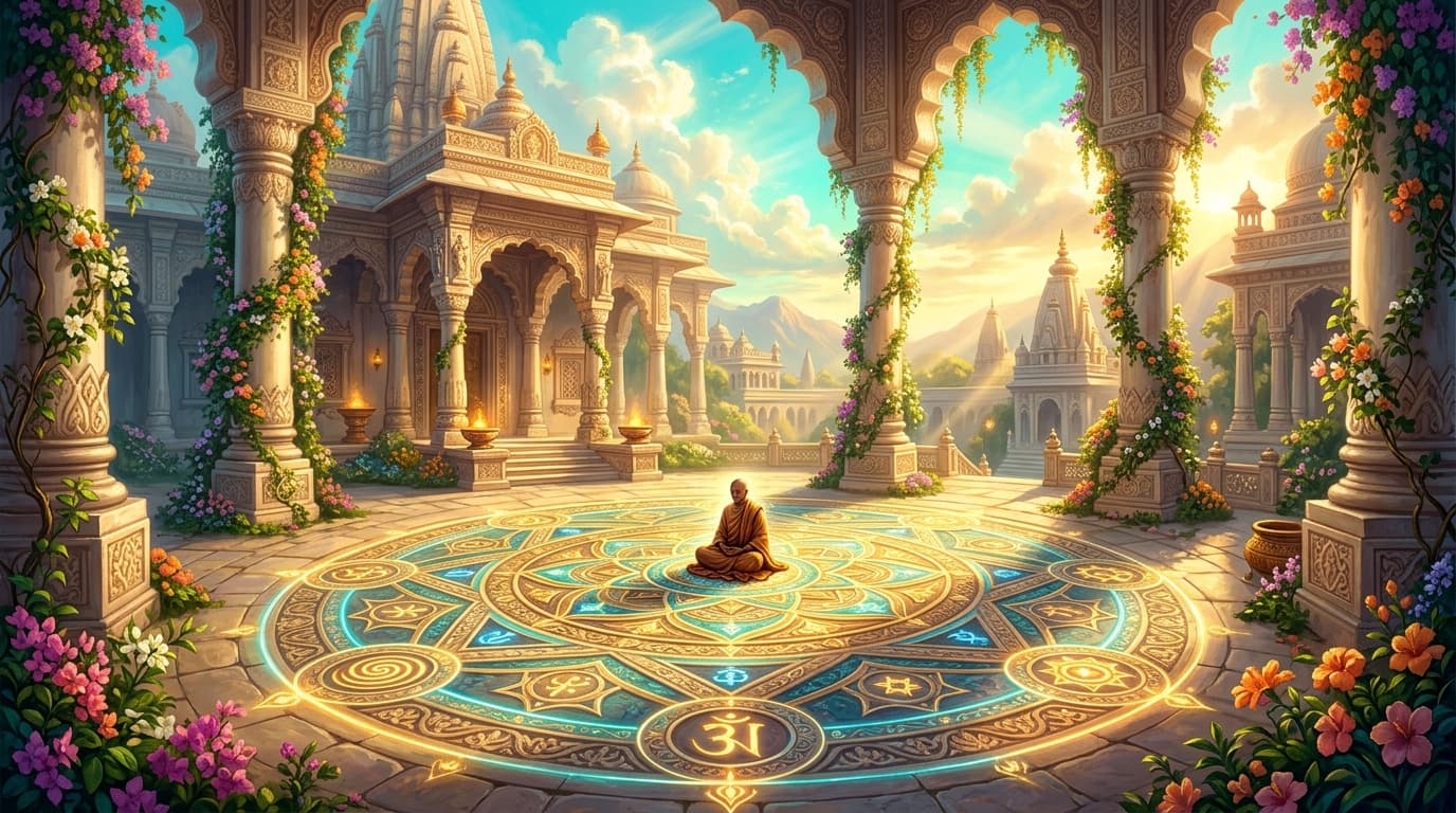 A vast sacred temple courtyard flooded with golden hour sunlight, its stone floor covered in an enormous glowing mandala carved in intricate geometric patterns, surrounded by towering ivory marble columns draped in lush flowering vines, a luminous turquoise sky above filled with radiant clouds, soft warm rays illuminating the spiraling fractal details of the ancient floor, a lone robed figure seated at the center of the mandala in deep meditation, the entire scene vibrating with a sense of profound sacred stillness and cosmic order