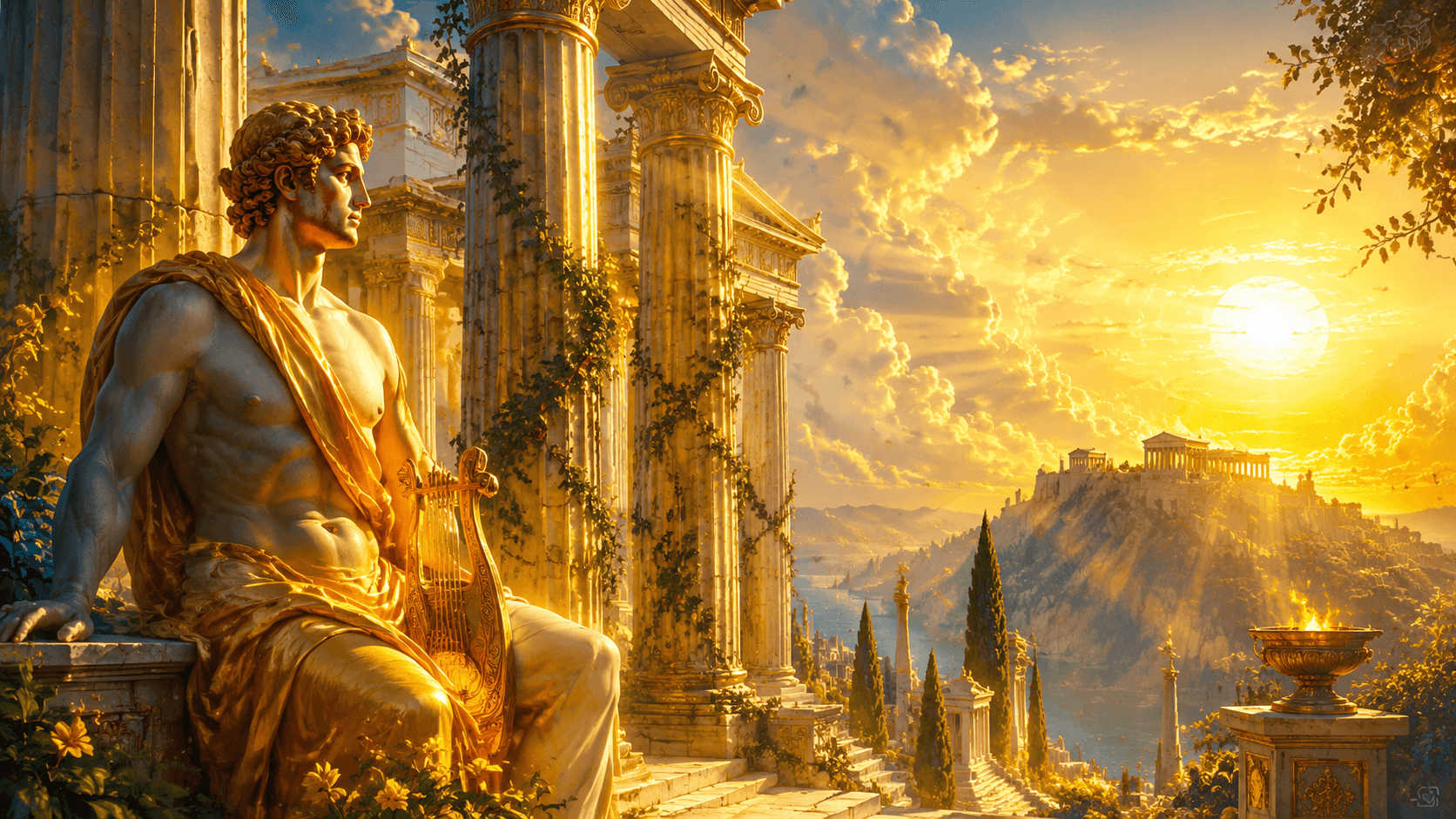 Ancient Greek temple columns bathed in golden sunlight, evoking the sacred world of Apollo