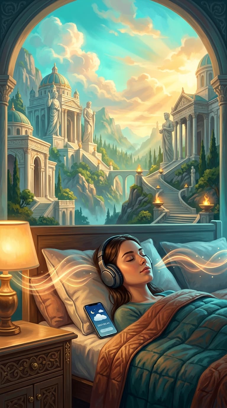 A person resting in a dim, softly lit bedroom, eyes closed, wireless headphones on, gentle glowing sound waves rippling through the air near a bedside lamp, a phone showing a calm sleep app resting face up on the pillow beside them