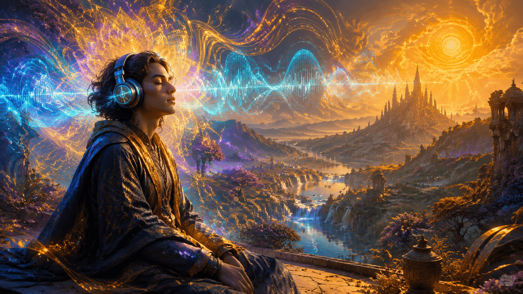 Person experiencing immersive audio meditation with brainwave visualization