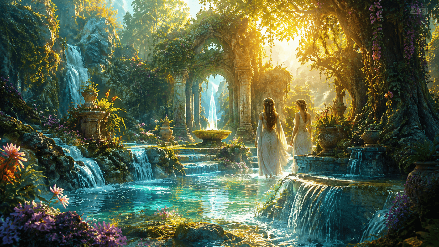A mystical spring cascading through an ancient forest, evoking the legendary Fountain of Youth from world mythology