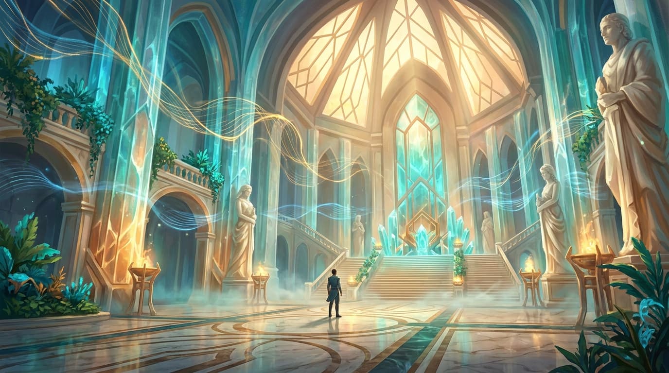 A solitary figure standing in a vast ethereal chamber with translucent crystalline walls that glow with soft turquoise and amber light, gentle sound waves visible as luminous ripples in the air, warm golden sunlight streaming through geometric windows, floating organic shapes representing neural pathways and sound frequencies, peaceful atmosphere with marble floors and delicate mist