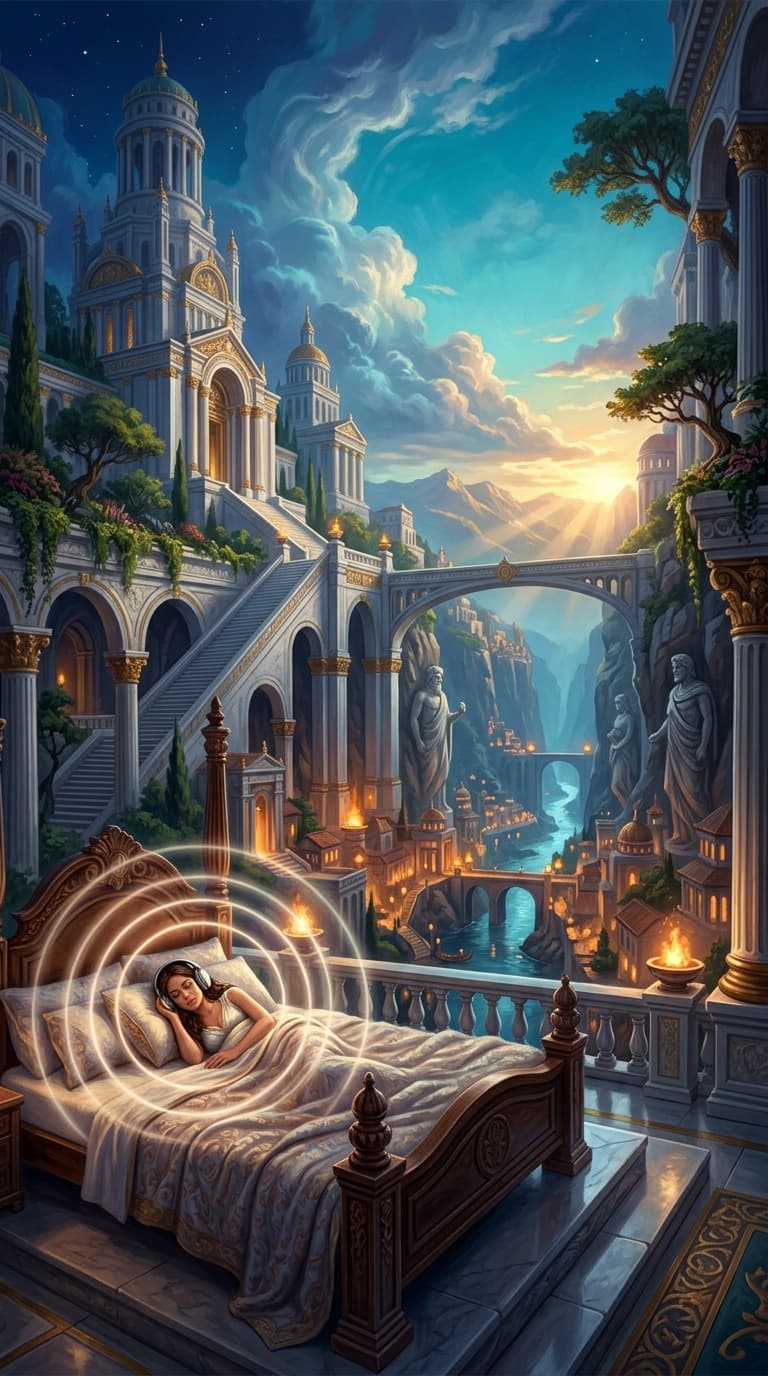 A person resting peacefully in bed wearing headphones at night, soft glowing sound waves radiating outward in a circular pattern around their head, a calm dark bedroom with faint warm light