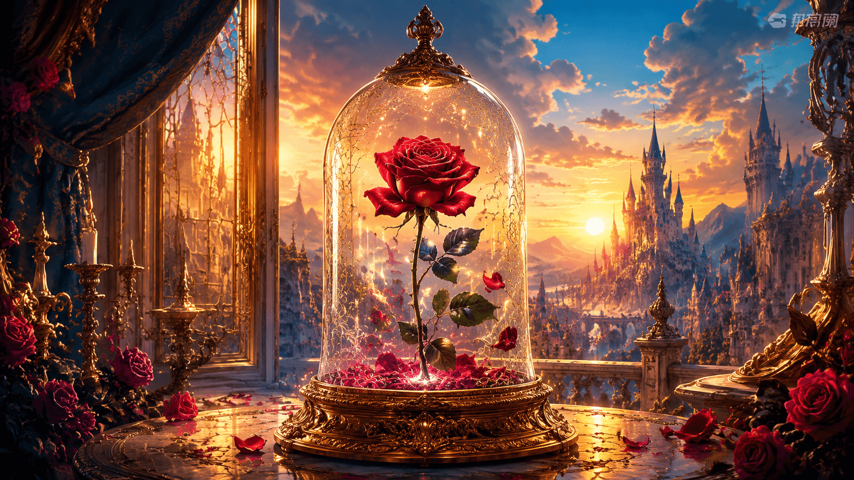 Enchanted rose in a magical fairy tale castle setting representing Beauty and the Beast