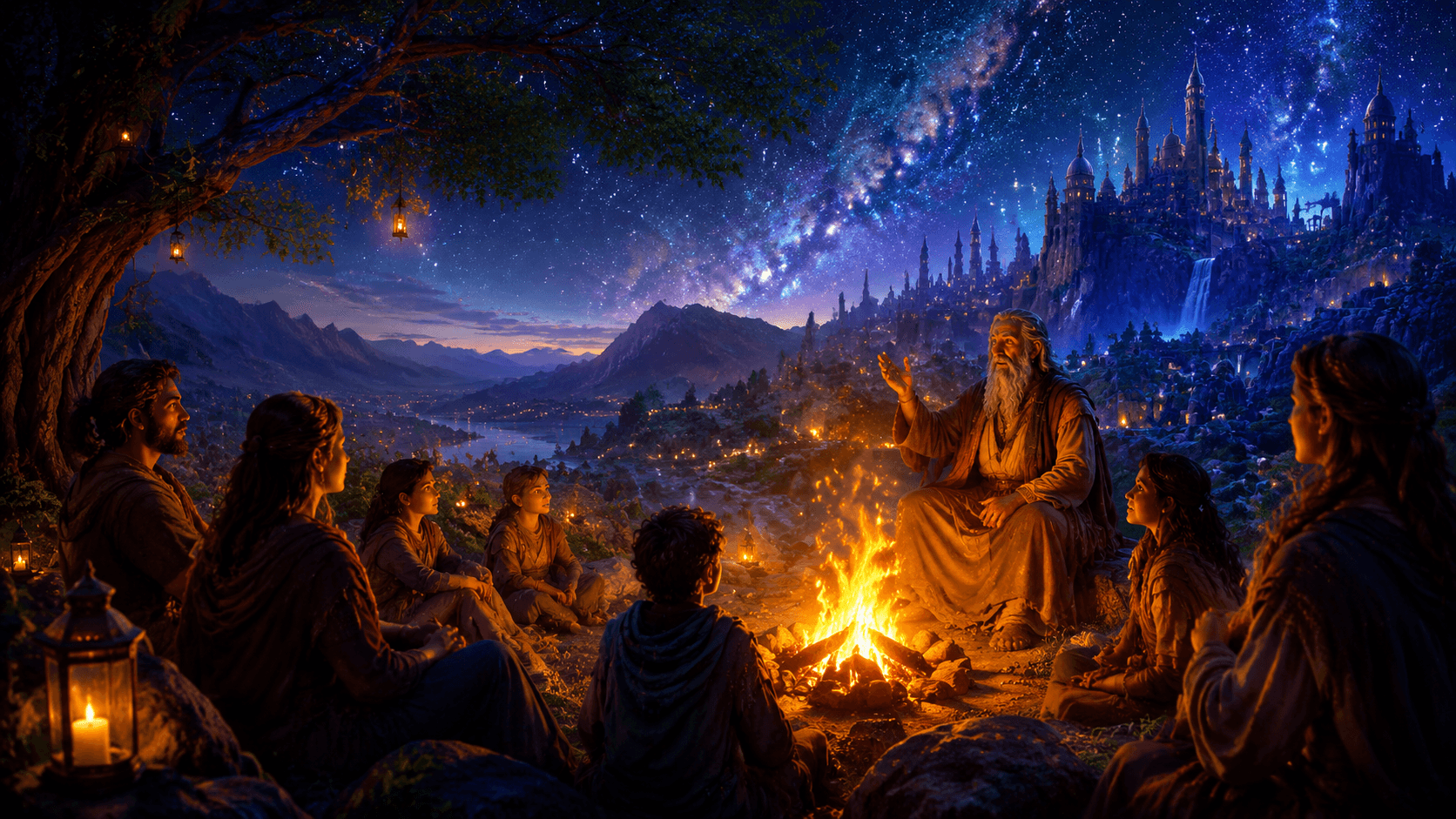 Warm campfire under starlit sky representing the ancient human tradition of storytelling as a contemplative and meditative practice