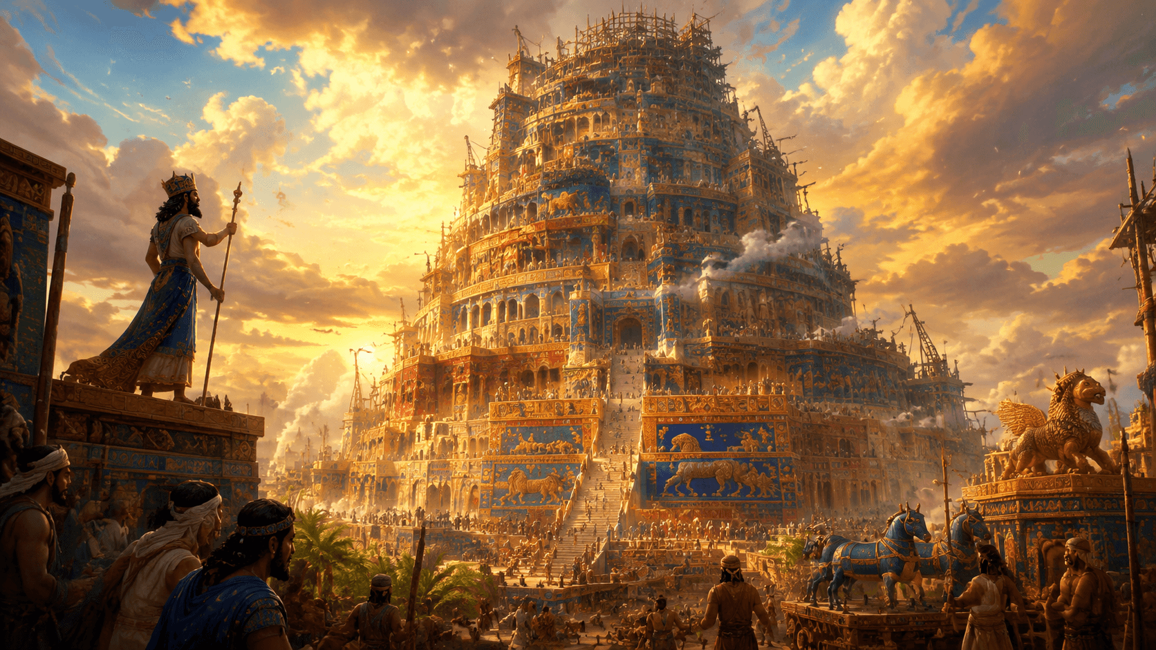 Ancient Babylonian ziggurat temple tower inspired by the Tower of Babel narrative