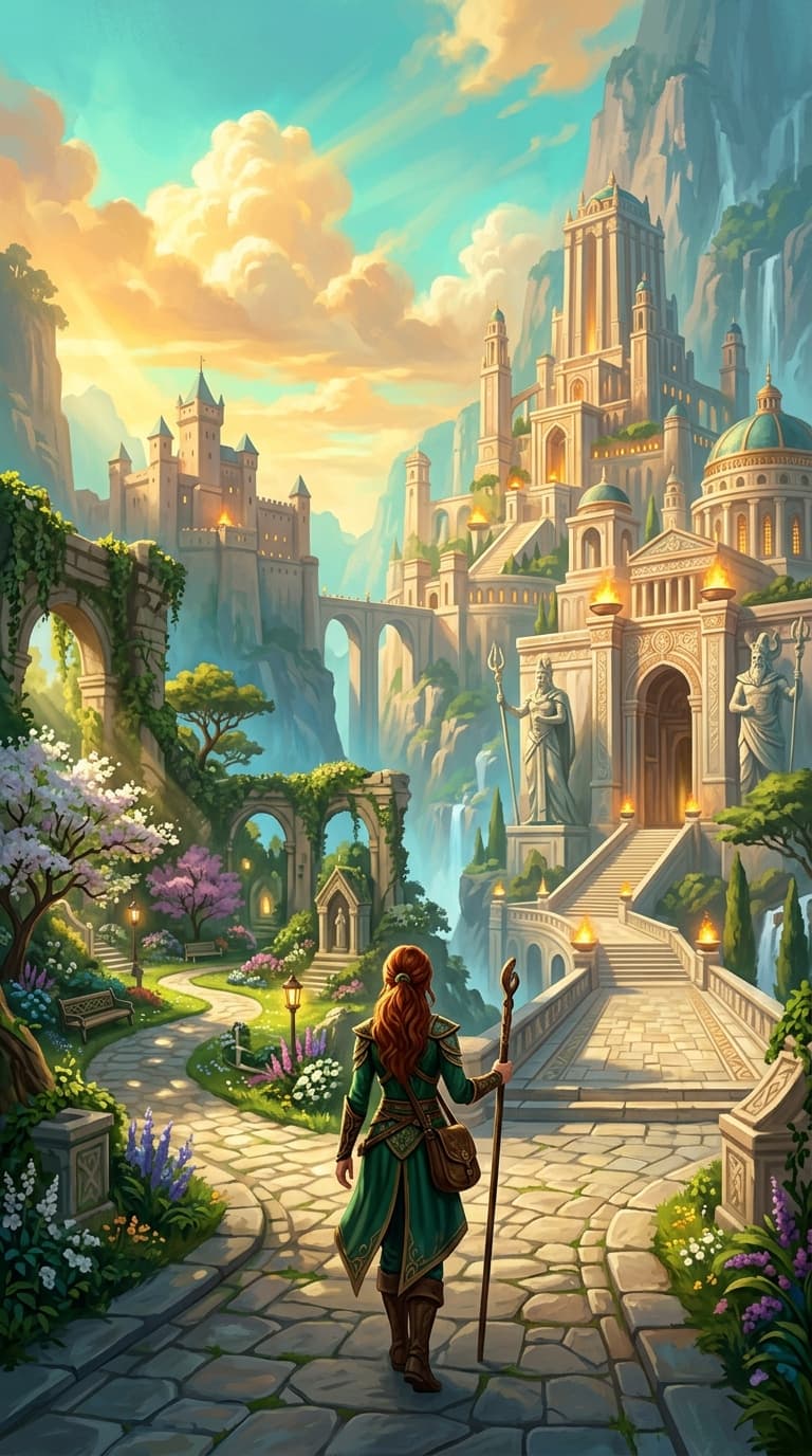 A person standing at a crossroads between a calm garden and a glowing ancient city