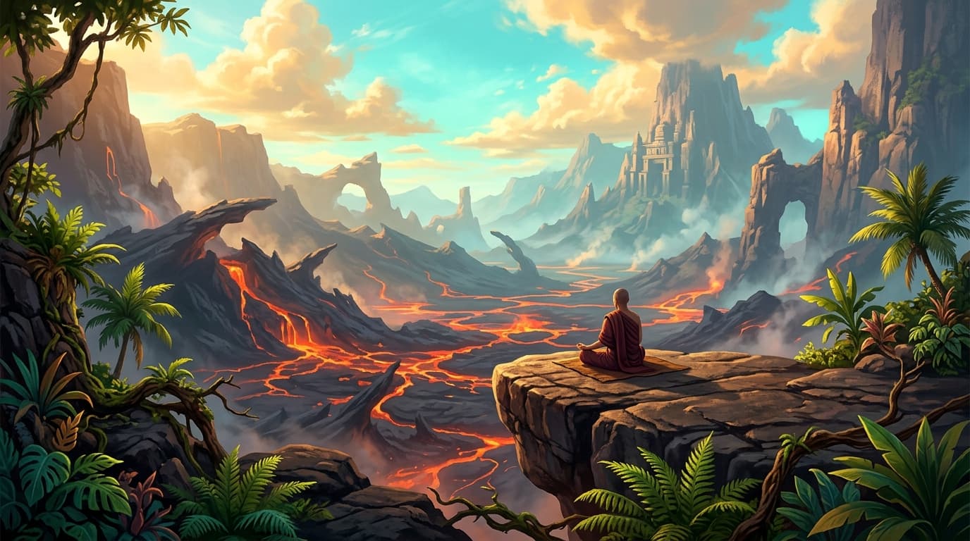 A lone meditating figure seated on a wide volcanic rock ledge high above a glowing lava field, vast obsidian slopes stretching below under a luminous turquoise sky filled with golden clouds, distant orange lava glow reflecting softly on wisps of rising steam, warm amber and gold light bathing the entire scene, lush ferns and tropical trees framing the foreground, monumental sense of scale, radiant and serene atmosphere