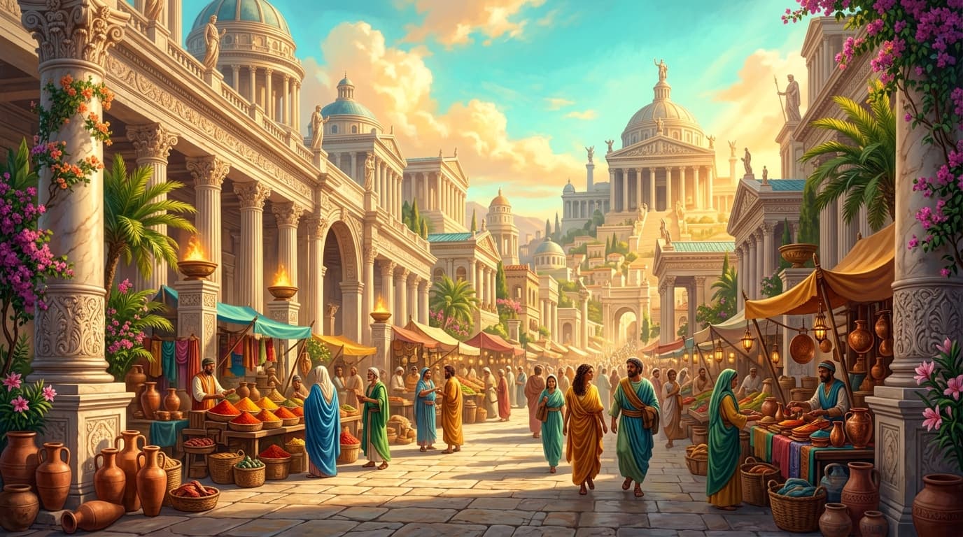 A grand open-air ancient marketplace at golden hour, towering marble colonnades lining wide stone-paved avenues, merchants in flowing robes at colorful stalls overflowing with spices, fabrics, and copper vessels, terracotta amphorae stacked beside carved pillars, warm amber sunlight streaming between columns casting long luminous shadows, distant domed temples rising against a turquoise sky filled with glowing clouds, lush palms and flowering vines climbing the stone walls, a wide foreground plaza where figures browse and converse, rich mid-ground of layered market stalls receding into a luminous background of monumental civic buildings, vibrant palette of gold, ivory marble, sapphire blue and emerald green, atmospheric depth, majestic and serene mood
