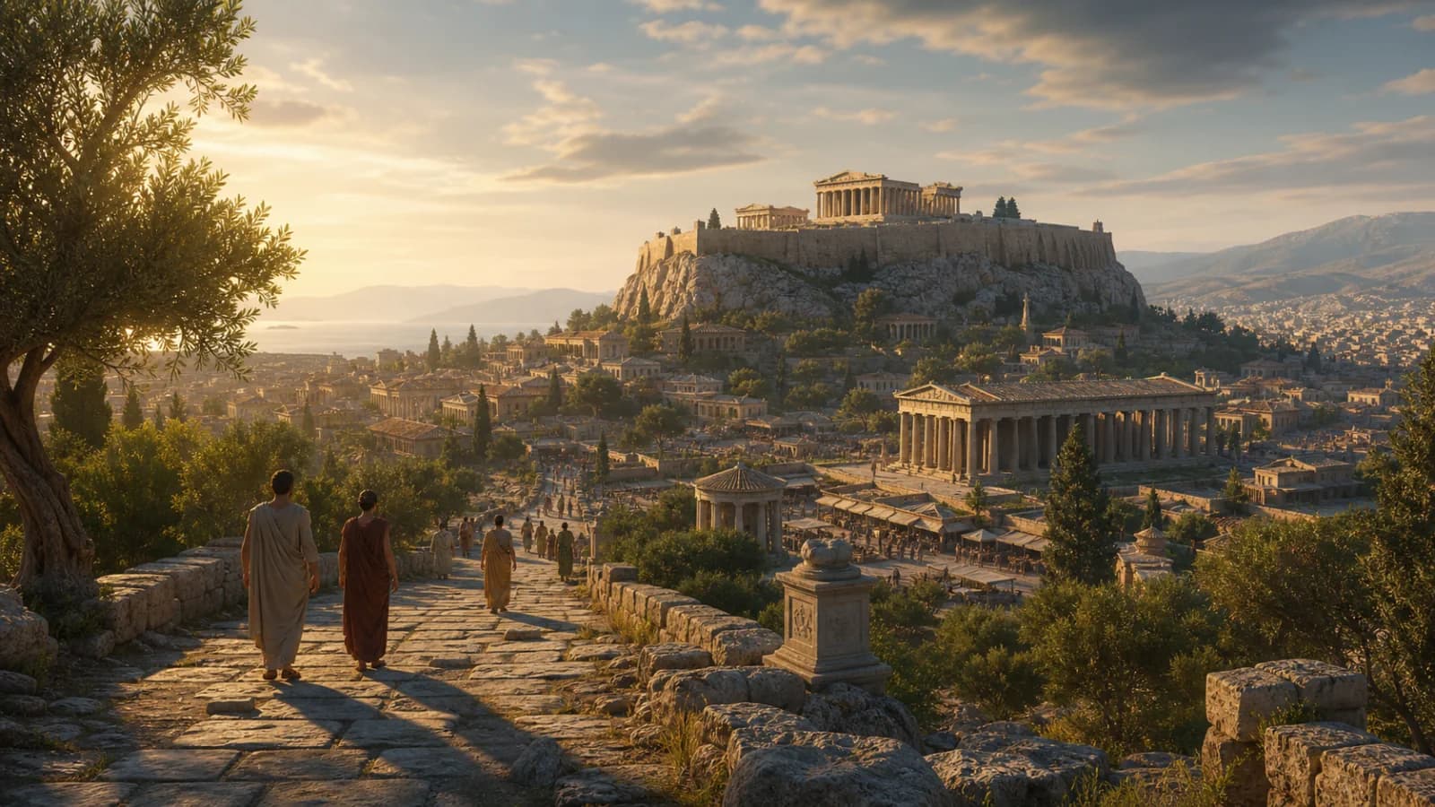 Ancient Athens panorama with the Acropolis, Agora, and a stone path at golden dawn
