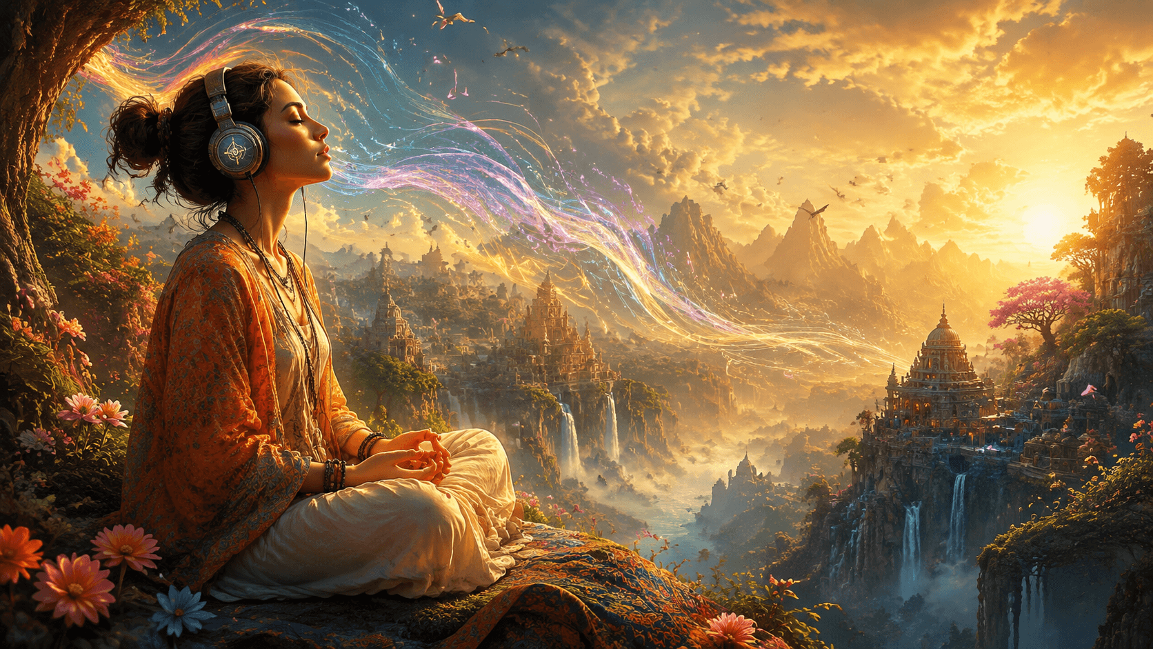 Person experiencing interactive audio journey with headphones in peaceful meditation