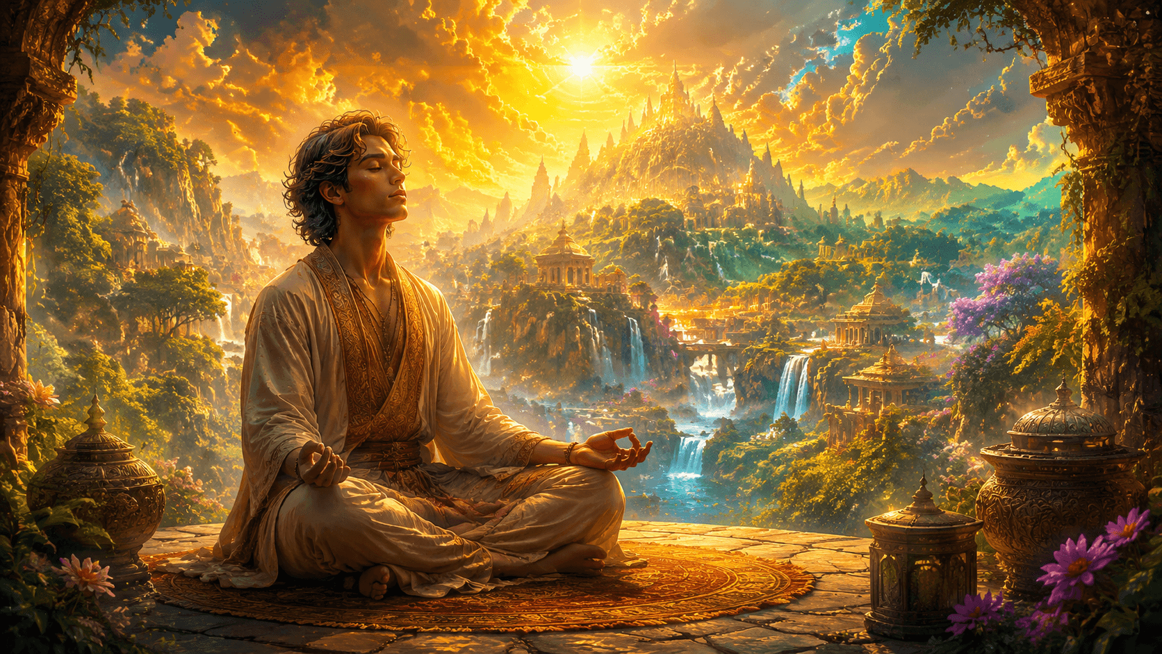 Person experiencing a peaceful visualization journey through guided meditation with eyes closed