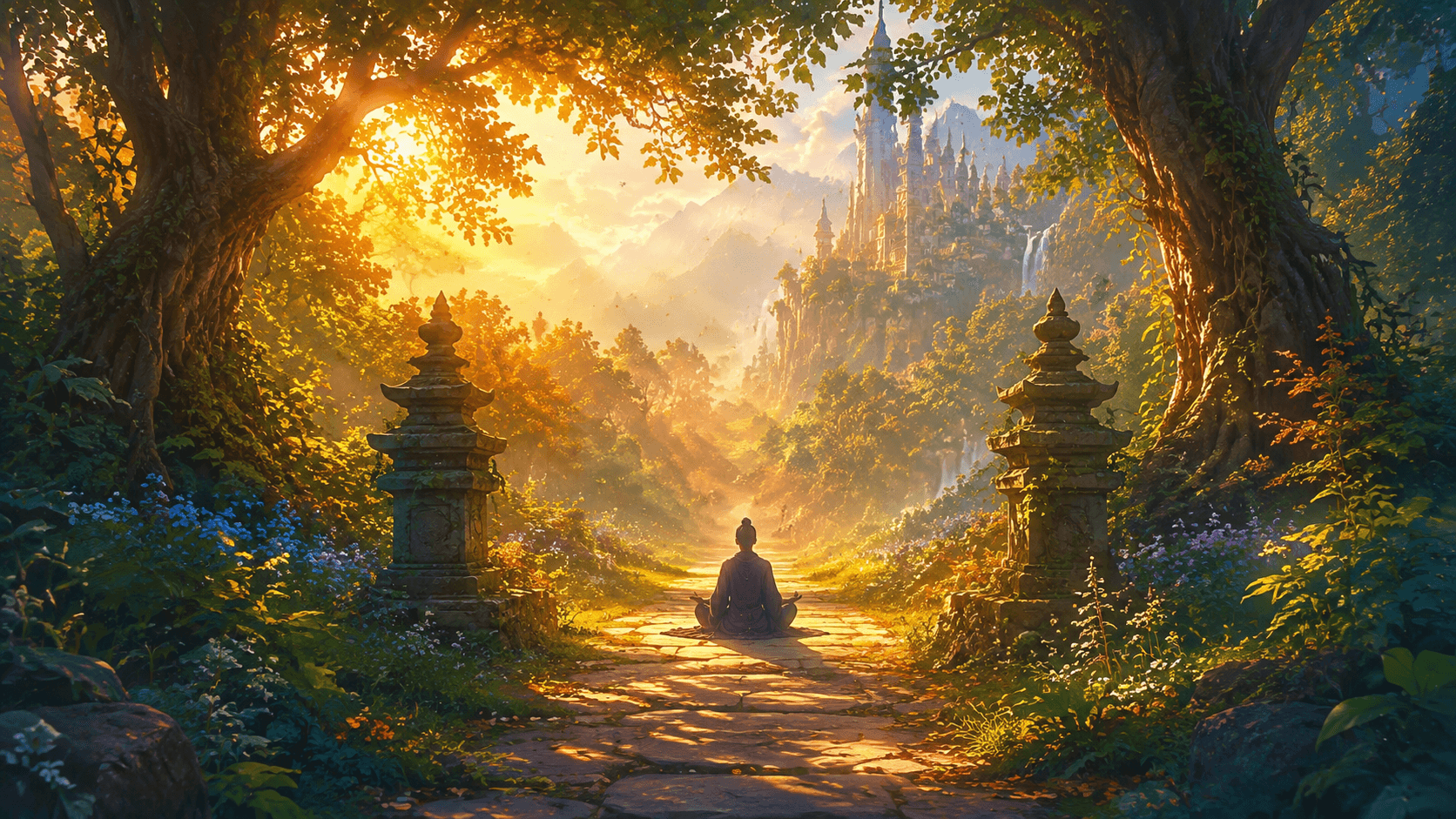 Ethereal forest path representing the immersive nature of experiential meditation