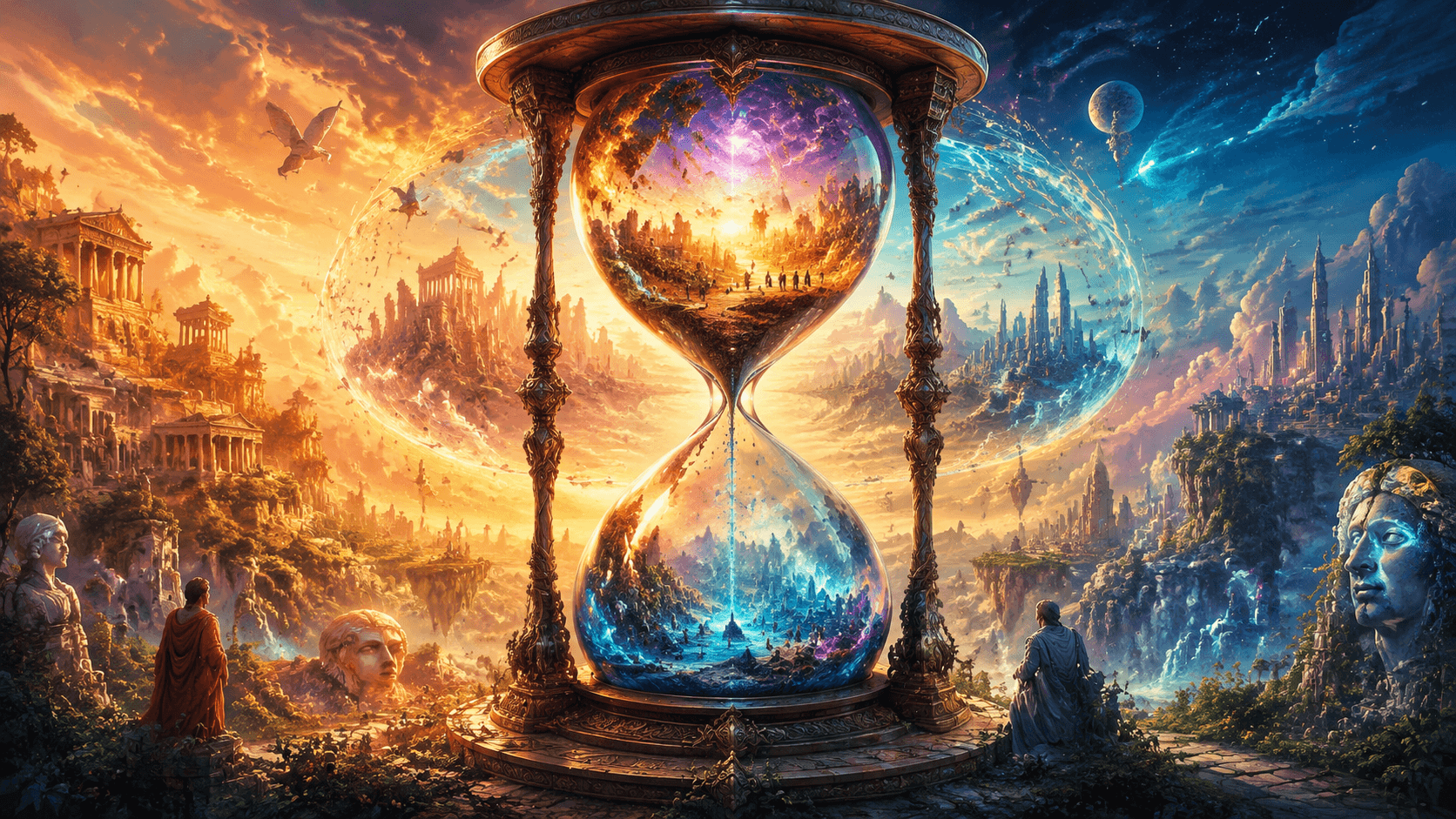Ethereal hourglass representing mental time travel and the brain's ability to visit past and future through imagination and meditation
