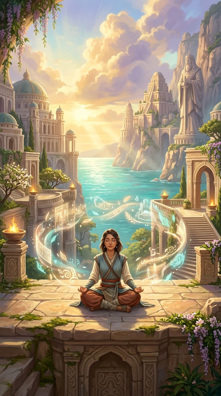 A person sitting cross legged on a sunlit stone terrace overlooking an ancient turquoise sea, eyes closed but surrounded by softly glowing translucent story fragments and floating light motifs instead of empty silence, warm amber morning light, gentle sense of a narrative world unfolding around them rather than a blank meditative void