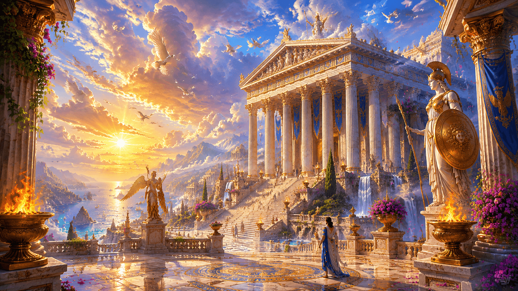 Ancient Greek temple with marble columns reaching toward the sky, evoking the grandeur of Olympian worship