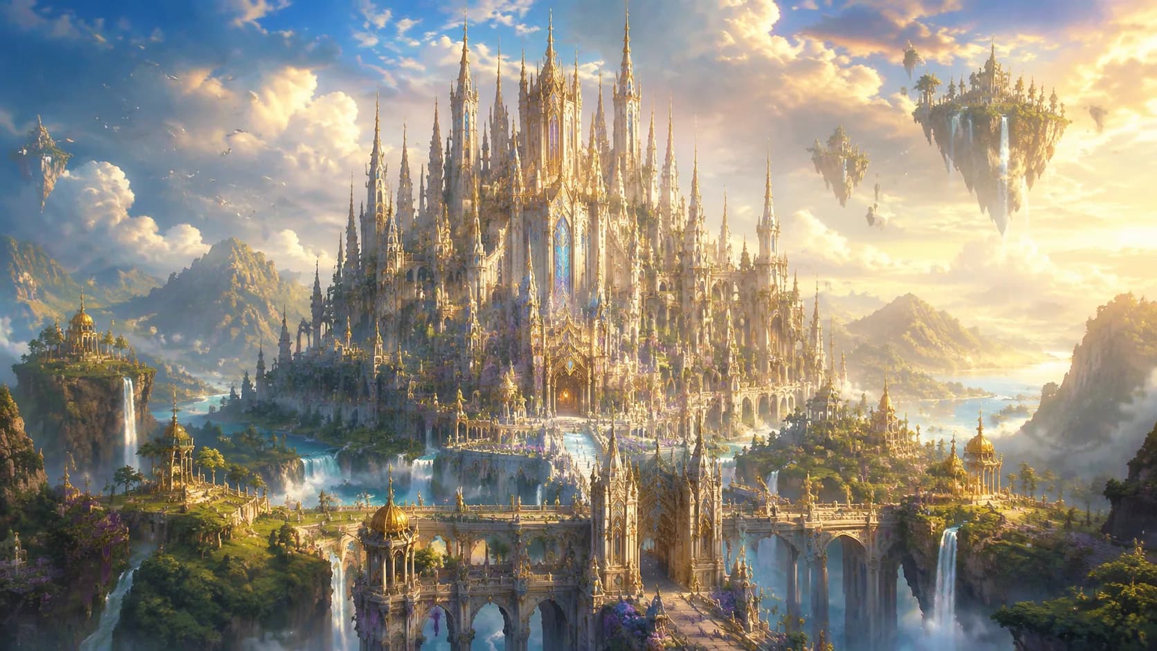 Magnificent fantasy castle with magical architecture and glowing spires