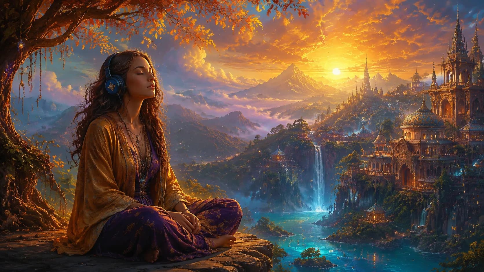 Cinematic painterly illustration of a serene audio meditation environment with golden light and immersive sound waves