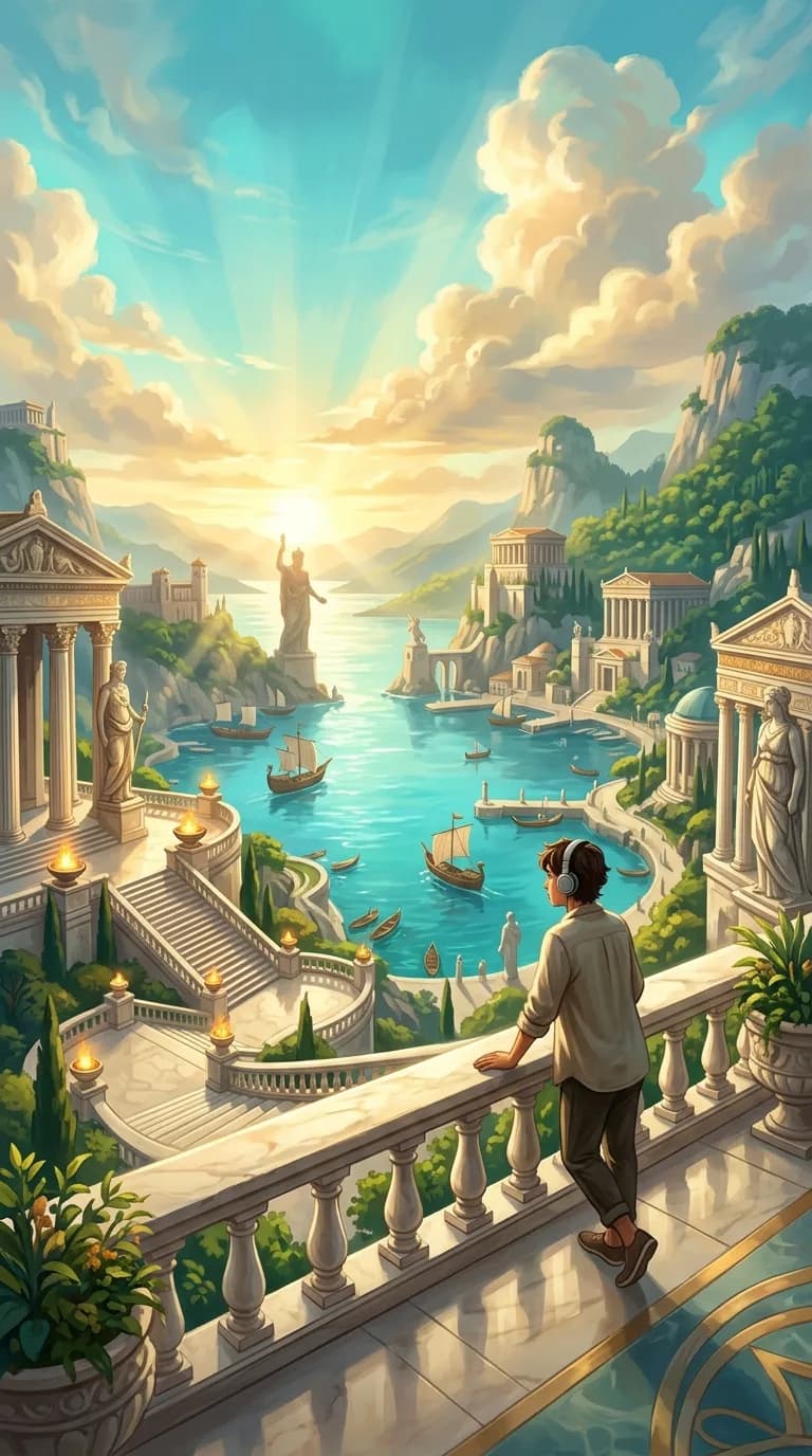 A person in headphones on a marble terrace overlooking an ancient harbor at sunrise