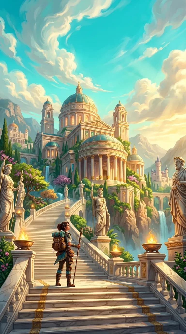 A traveler standing on marble steps facing a glowing ancient temple under a turquoise sky