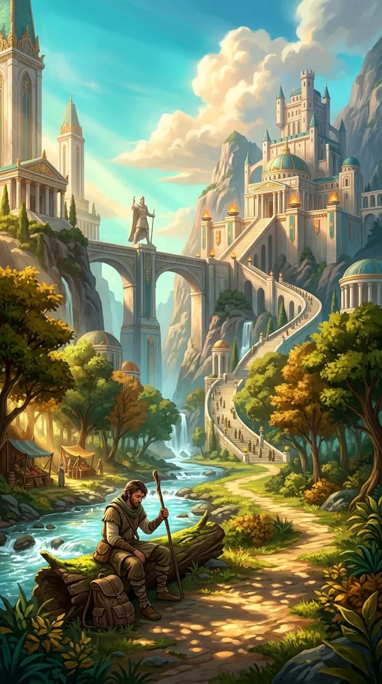 A tired traveler resting on a sunlit forest path beside a clear mountain stream