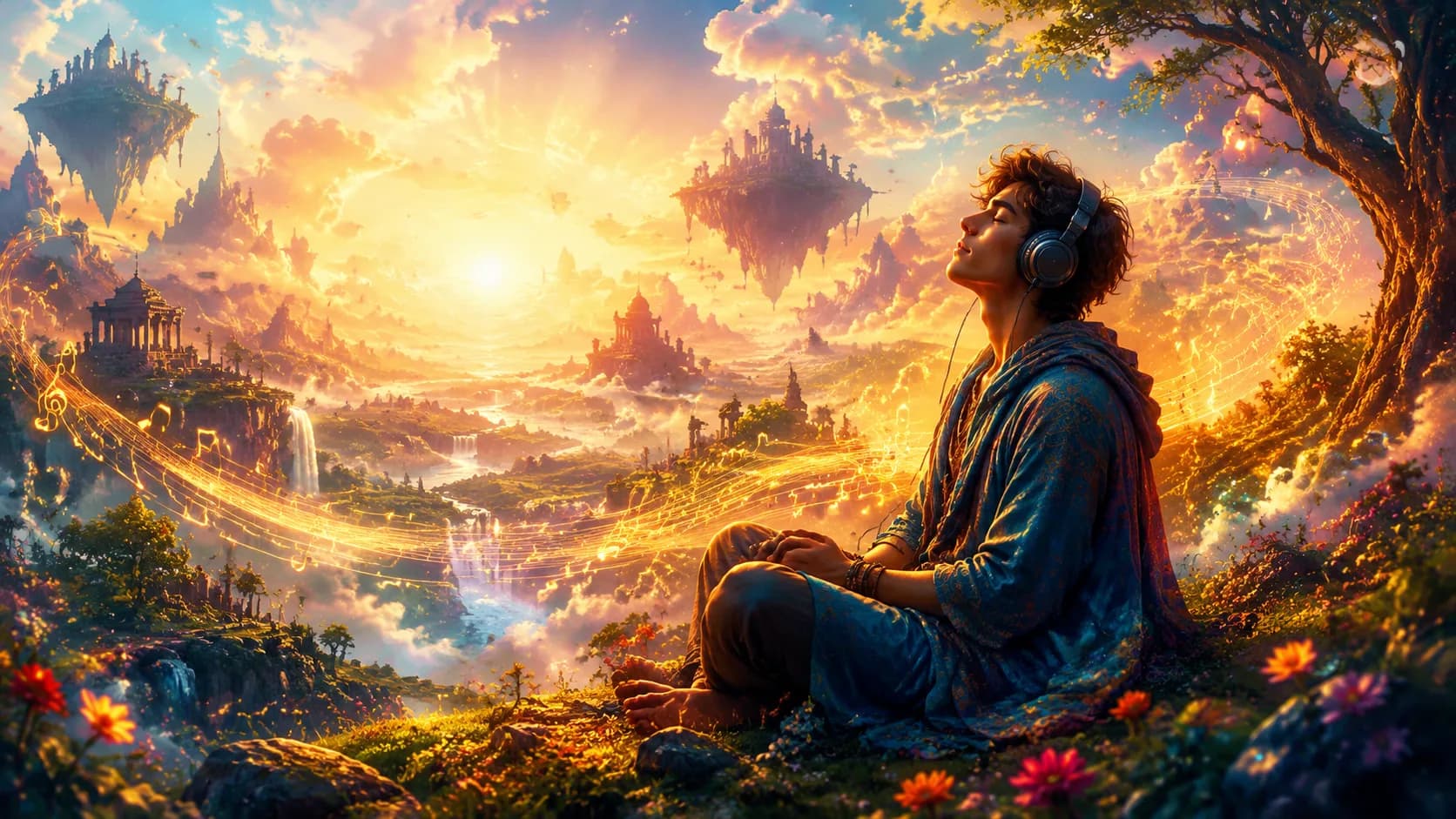 Cinematic painterly illustration of a serene meditation space with luminous golden hour light streaming through tall windows