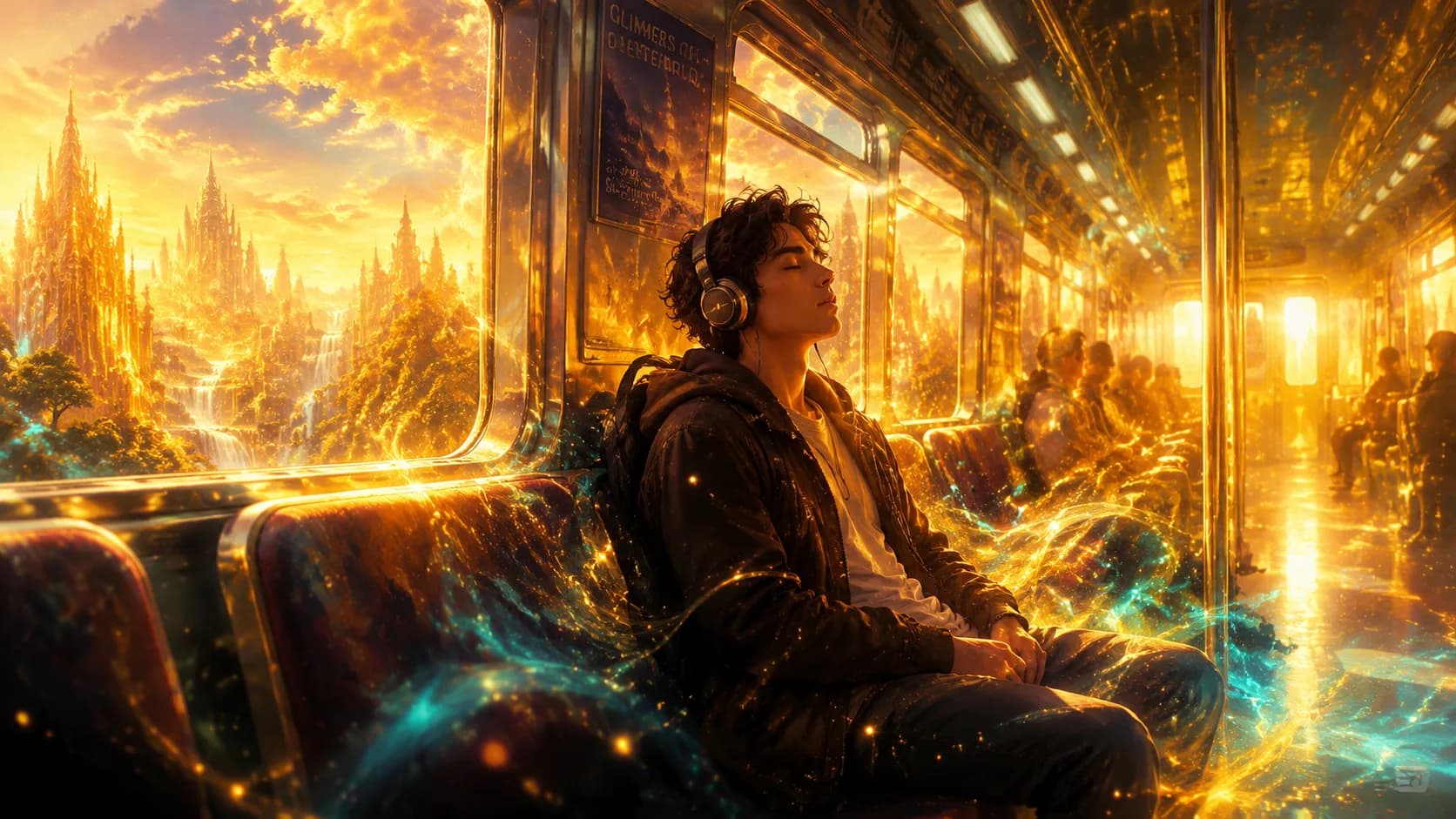 A lone commuter seated on a glowing subway train at dusk, eyes closed and headphones on, surrounded by swirling luminous particles of gold and teal light streaming through the windows, the city blurring into a radiant dreamscape outside, volumetric light rays filling the carriage with a mythic golden atmosphere, epic cinematic digital art, hyper-detailed, exceptionally crisp and sharp focus, luminous volumetric lighting, highly vibrant and colorful palette, radiant sunlight, mythic fantasy atmosphere, Unreal Engine 5 render, concept art for epic magical world, 8k ultra detailed, 16:9