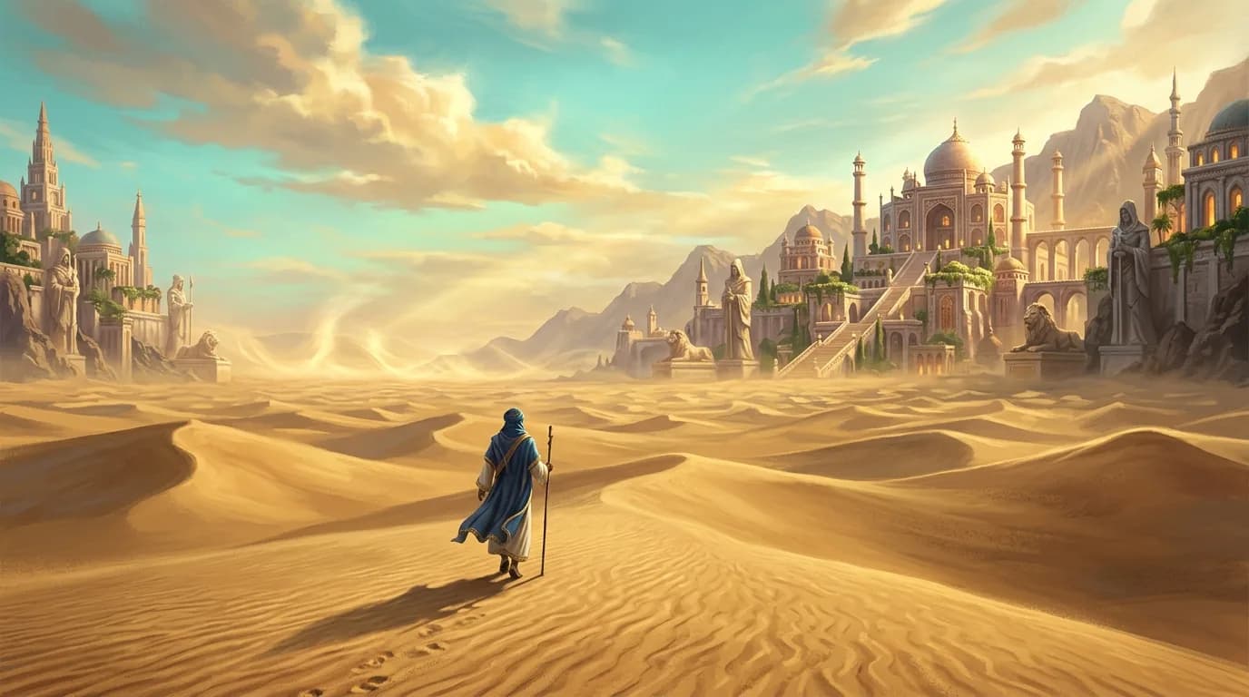 A lone figure in flowing robes walking across endless golden sand dunes under a luminous turquoise sky, distant heat shimmer creating ethereal waves above the horizon, warm sunlight casting long shadows, minimal vegetation, vast open emptiness stretching to infinity, sense of solitude and profound peace, soft volumetric lighting, golden hour atmosphere