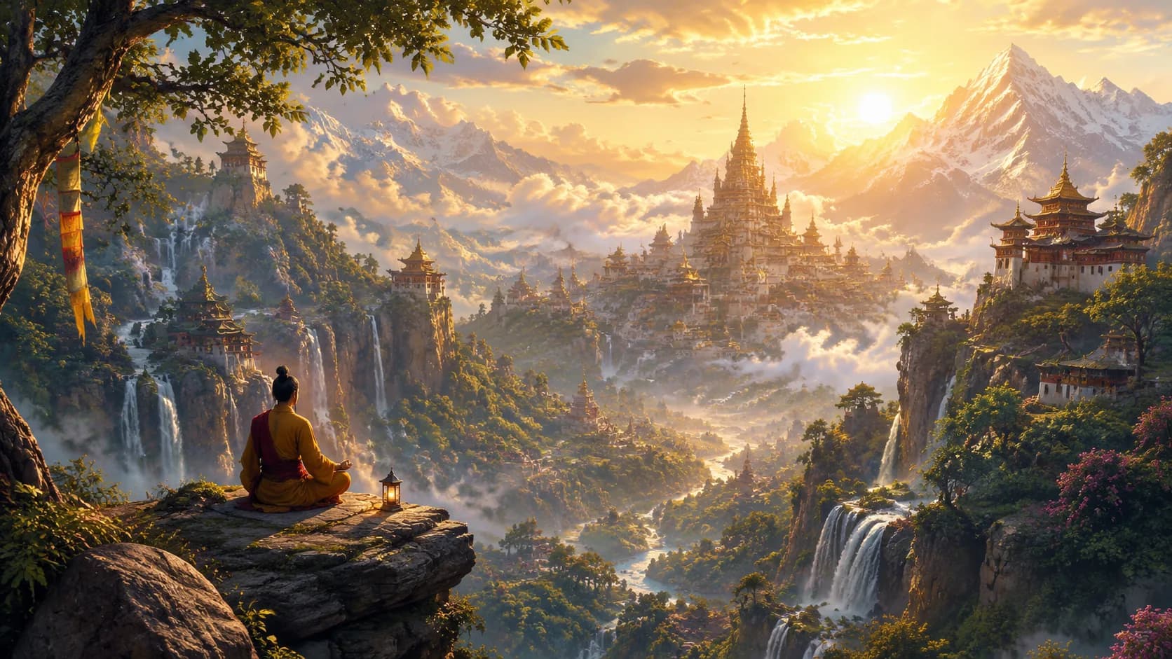 Listener on a balcony at golden hour wearing headphones, gazing over a sunlit ancient city